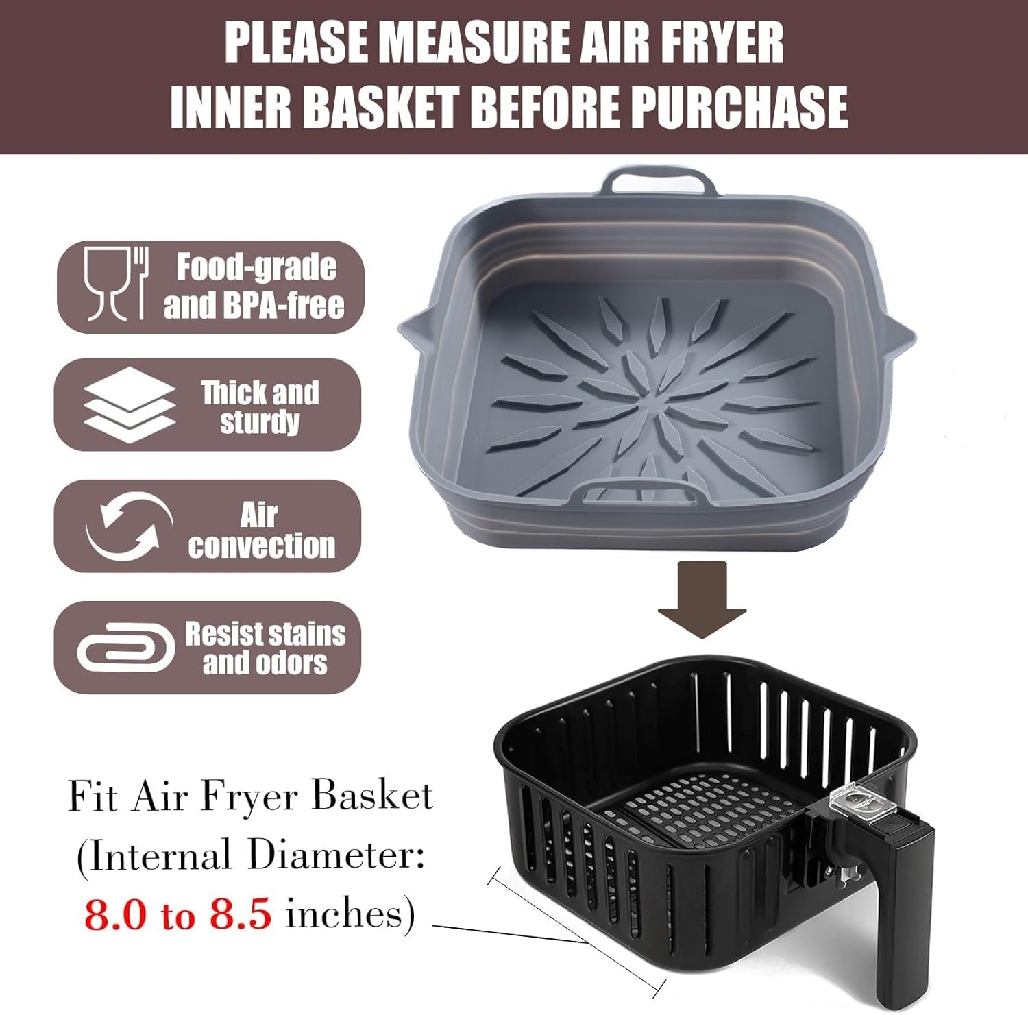 **Reusable Silicone Air Fryer Liners (2-Pack) – 8.5” Square Non-Stick Basket for 4-7 Qt Air Fryers – Heat-Resistant, Easy to Clean – Grey & Black – Perfect for Frying, Baking & Roasting**