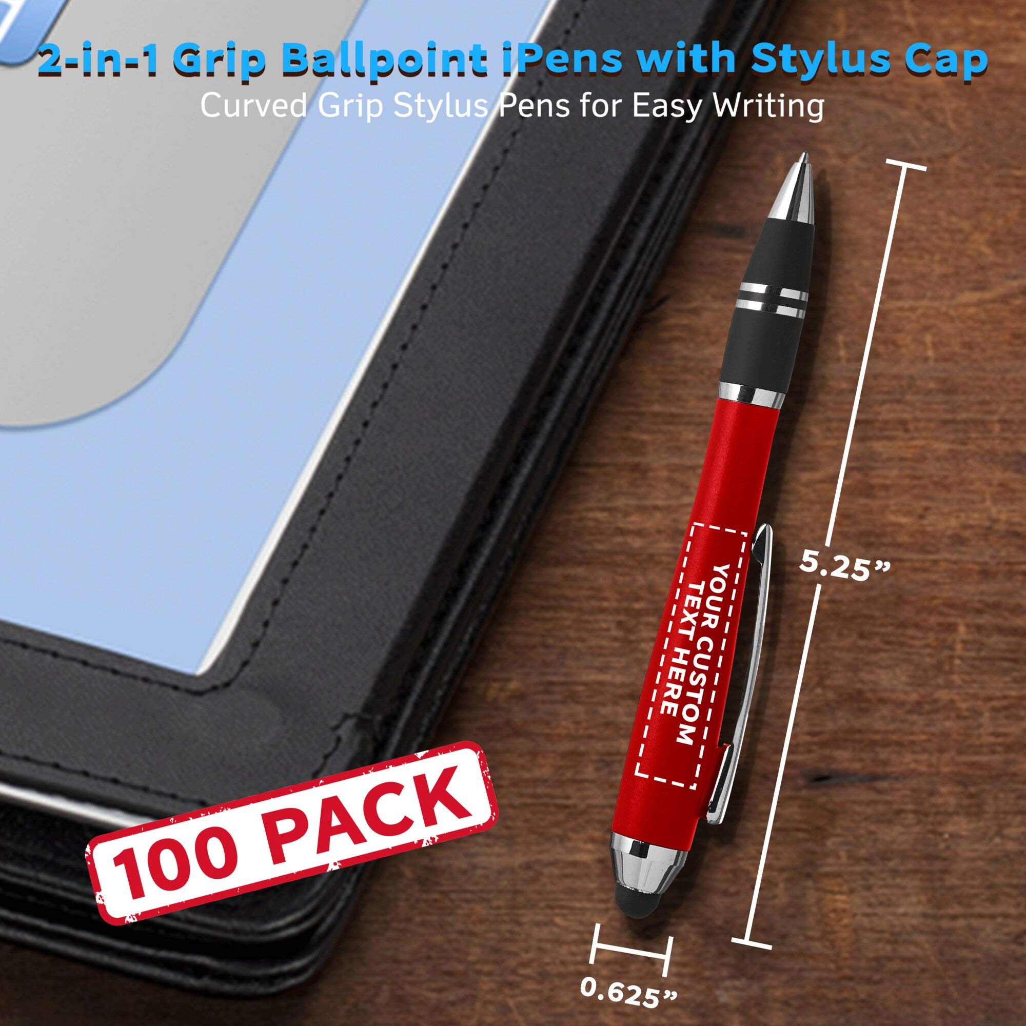 Customized Ballpoint Pens with Stylus Grip - 100 Pack Bulk Office Supplies - Personalized Text & Logo Printing - Red Plastic Pens for Business Promotions, School, and Office Use