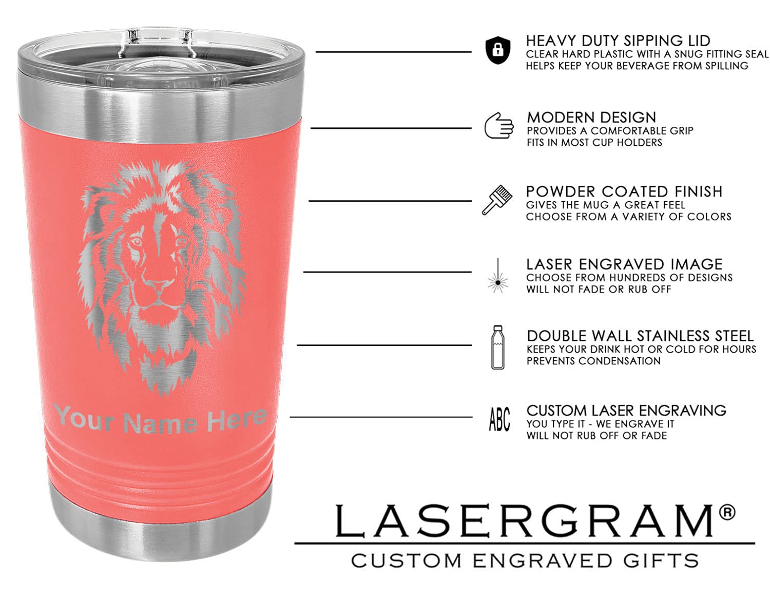 LaserGram 16oz Vacuum Insulated Stainless Steel Tumbler with Yin Yang Tai Chi Design - Personalized Engraved Pint Cup for Hot & Cold Drinks - Perfect for Gym, Office, Travel & Outdoor Activities (Coral)
