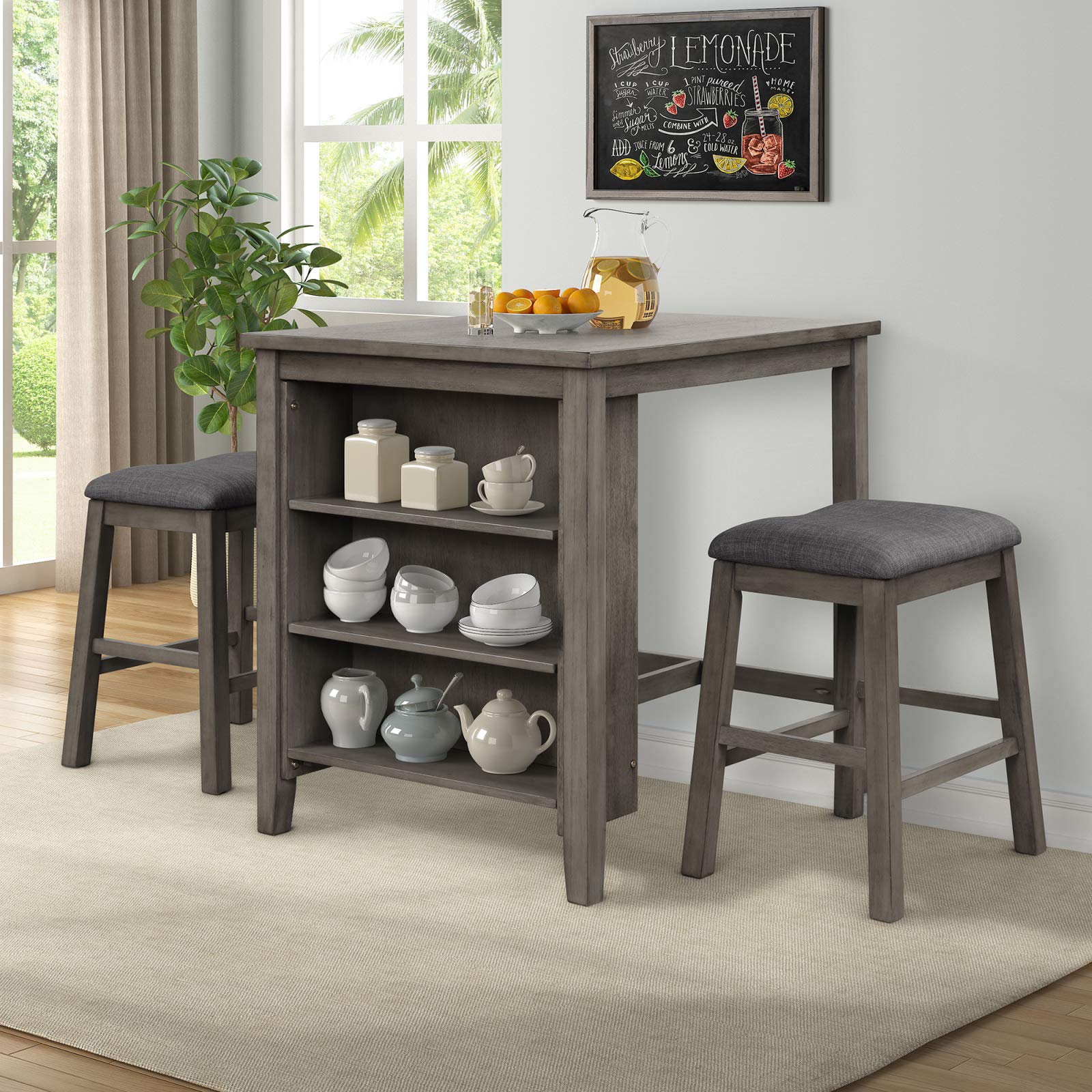 Takefuns 3-Piece Square Dining Table Set with Padded Stools & Storage Shelf - Dark Gray - Perfect for Small Spaces, Breakfast Nooks & Kitchen Dining Areas