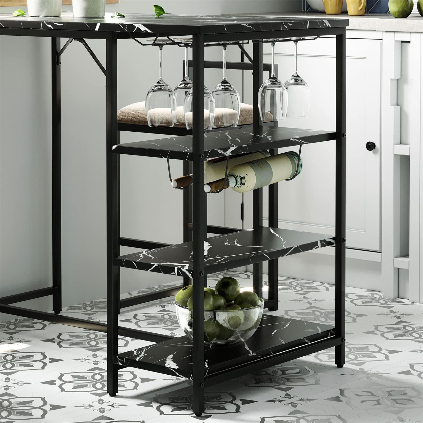 VERYKE 3-Piece Counter Height Dining Set with 2 Upholstered Bar Stools, 3 Open Storage Shelves, 4 Glass Holders & 2 Wine Racks - Perfect for Small Spaces, Breakfast Nooks, and Modern Kitchen Bars (Black)
