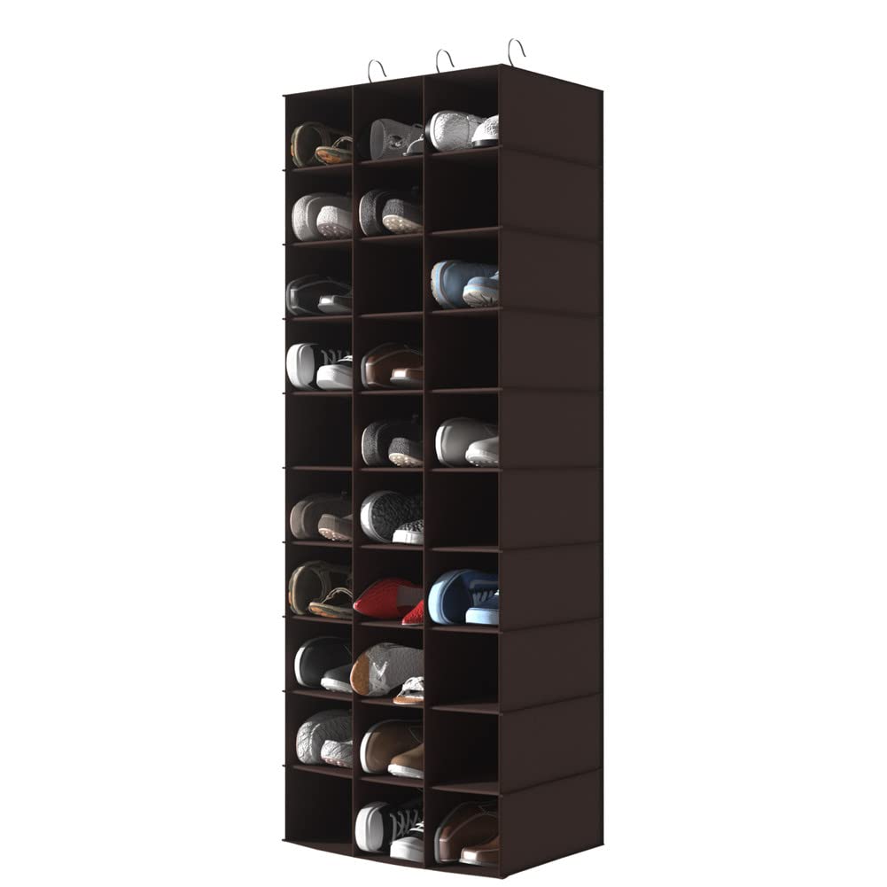 Coastal Rose Hanging Shoe Organizer - 30-Pocket Over The Door Shoe Storage for Closet, Space Saving Shoe Rack Holder (Coffee Color) - Perfect for Bedroom, Dorm, Apartment & Small Space Organization