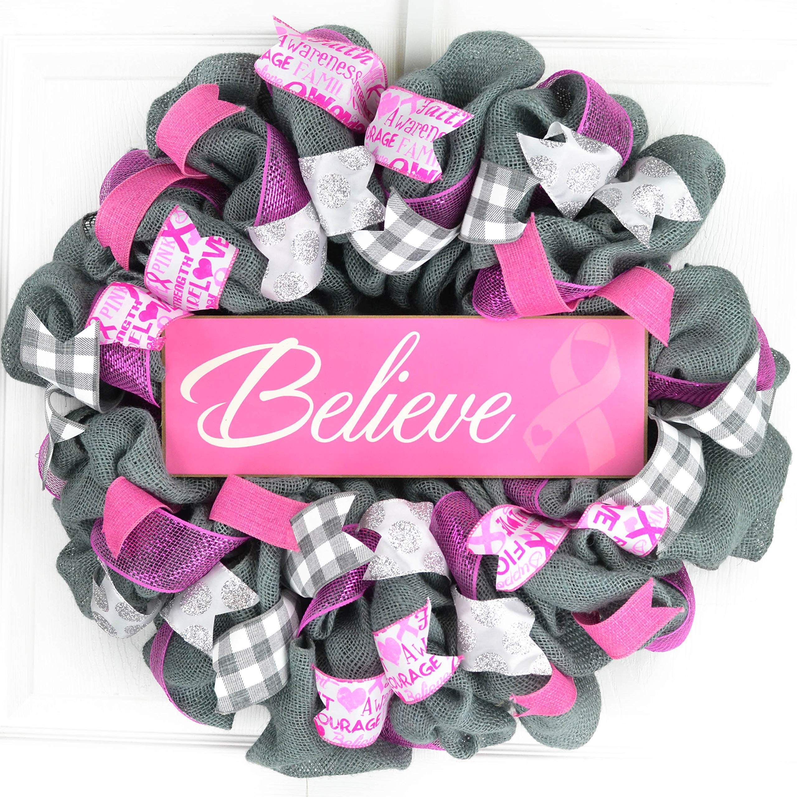 Breast Cancer Survivor Wreath - Grey Burlap Wreath for Cancer Awareness - Thoughtful Gift for Survivors - Perfect for Home Decor, Hospital Rooms & Support Events