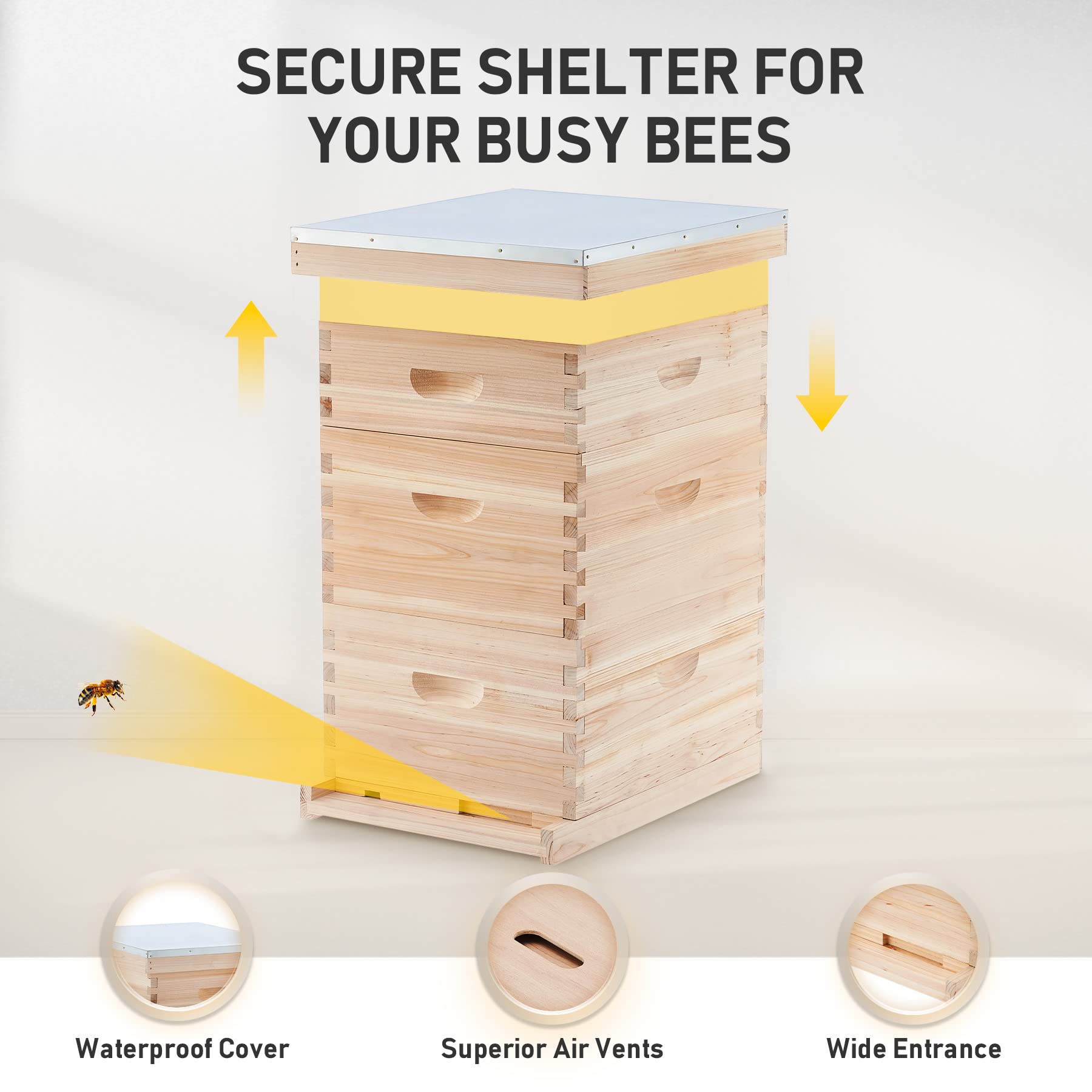 CREWORKS Langstroth Beehive Starter Kit - 3 Layer Bee Hive Box with 10 Medium & 20 Deep Frames, Foundations, Plastic Queen Excluder & Nails - Complete Beekeeping Supplies for Beginners & Professionals | Perfect for Honey Production, Pollination & Backyard Beekeeping