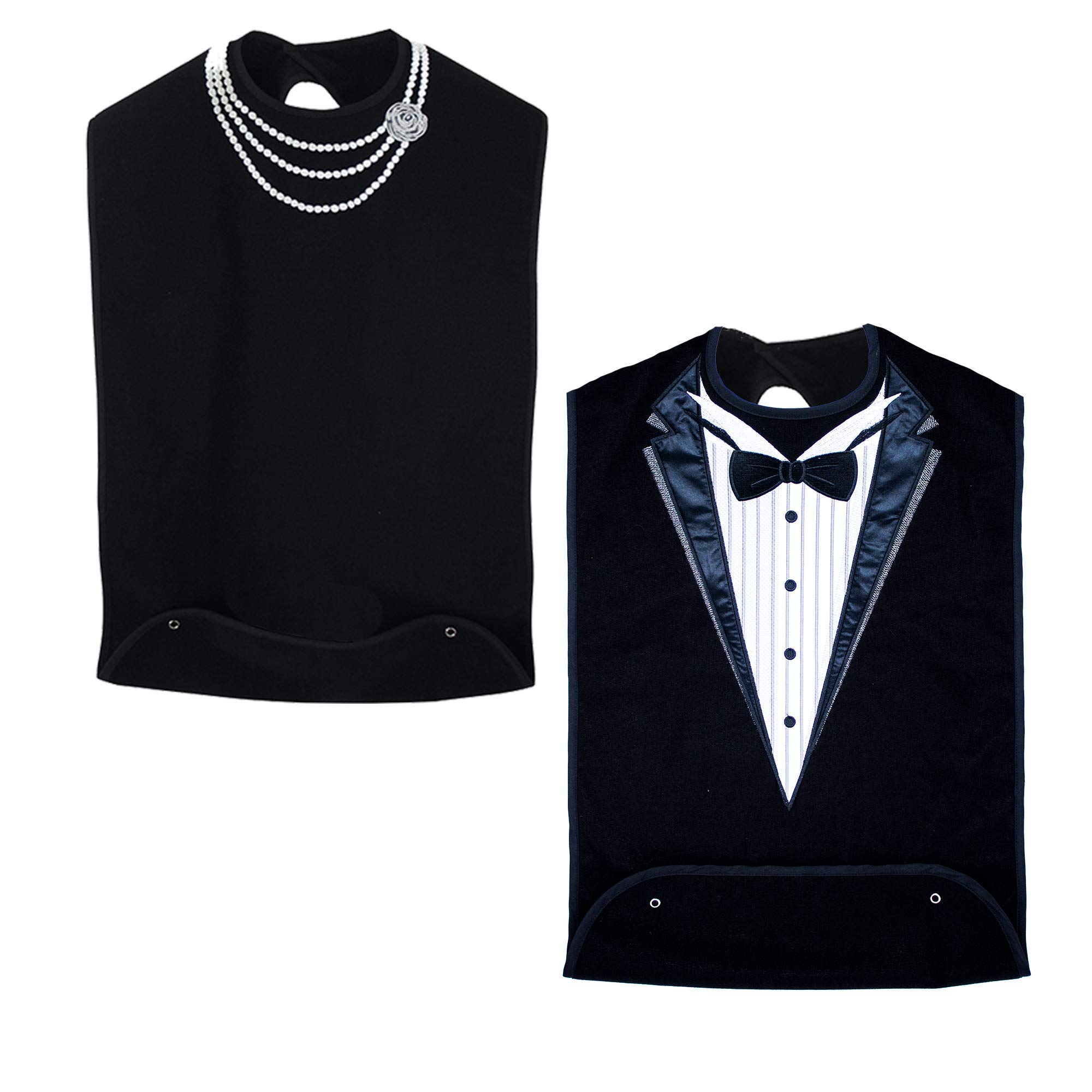 Premium Terry Cloth Adult Bibs for Men & Women - Waterproof, Reusable & Washable Dining Bib with Embroidered Tuxedo & Pearl Necklace Design - Ideal for Seniors, Mealtime Protection & Crumb Catching at Home or Restaurants