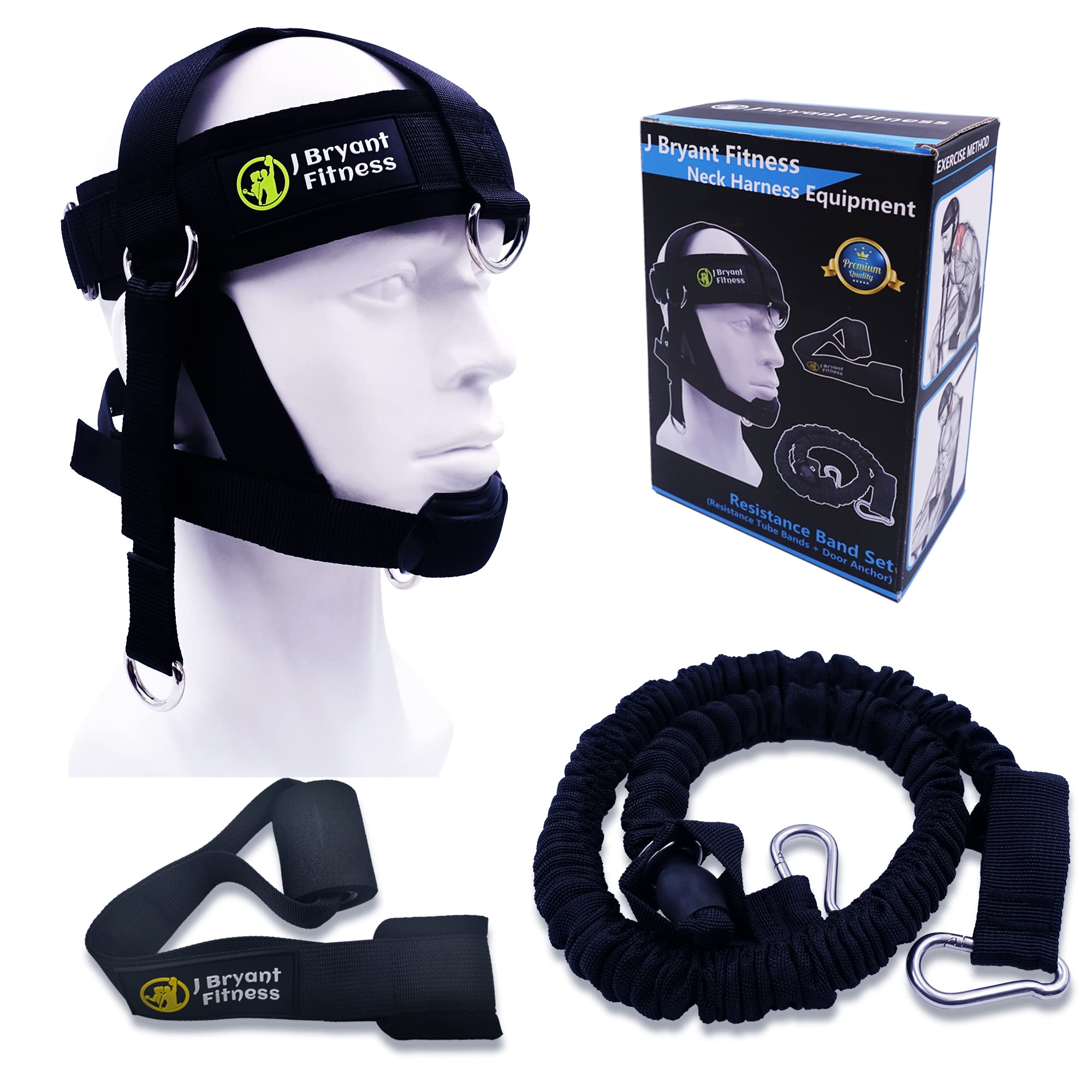 J Bryant Adjustable Neck Harness for Weight Lifting & Resistance Training - Door Anchor Set with Tube Bands - Strength Training Equipment for Home Gym & Athletes