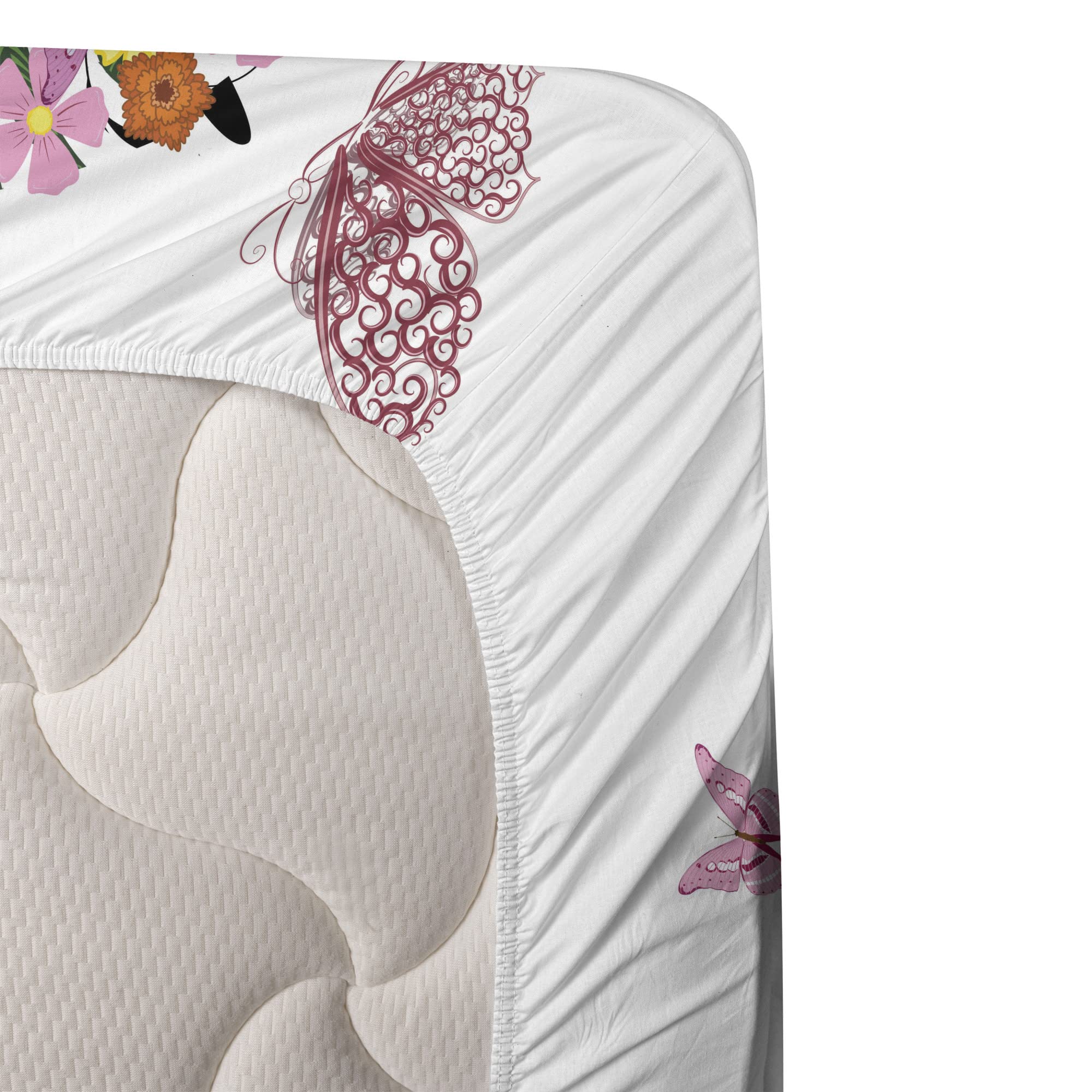 Ambesonne Floral Umbrella & Butterfly Bedding Set - 4 Piece King Size Sheets with Pillowcases, Black & Pink Inspirational Art Design - Perfect for Girls' Rooms, Teen Bedrooms & Boho Chic Decor