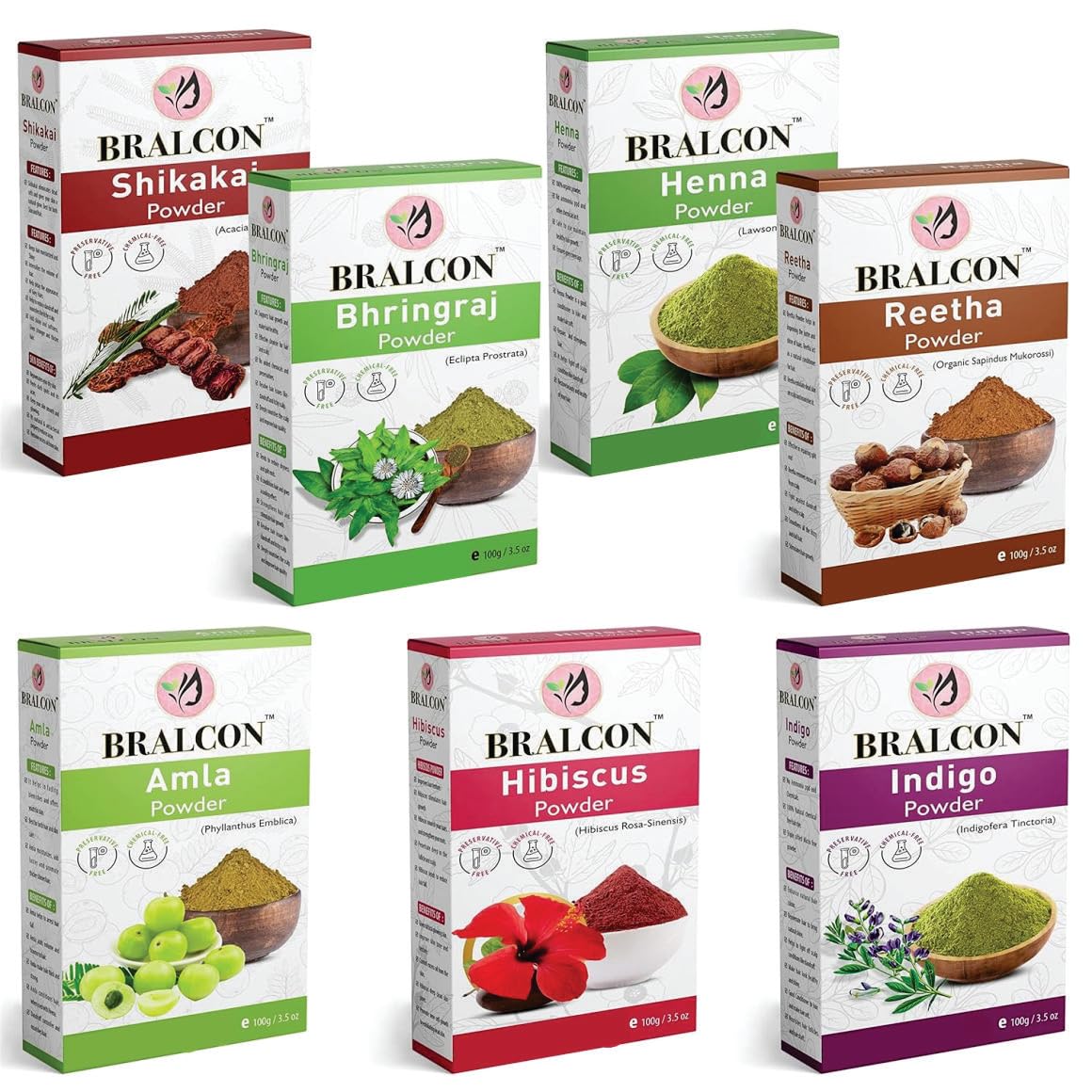 BRALCON Organic Hair & Skin Care Powder Combo - 700g (7 x 100g Pack) | Amla, Reetha, Shikakai, Bhringraj, Hibiscus, Henna & Indigo Powder | Promotes Hair Growth, Natural Face Mask | Perfect for DIY Hair Treatments & Ayurvedic Beauty Routines