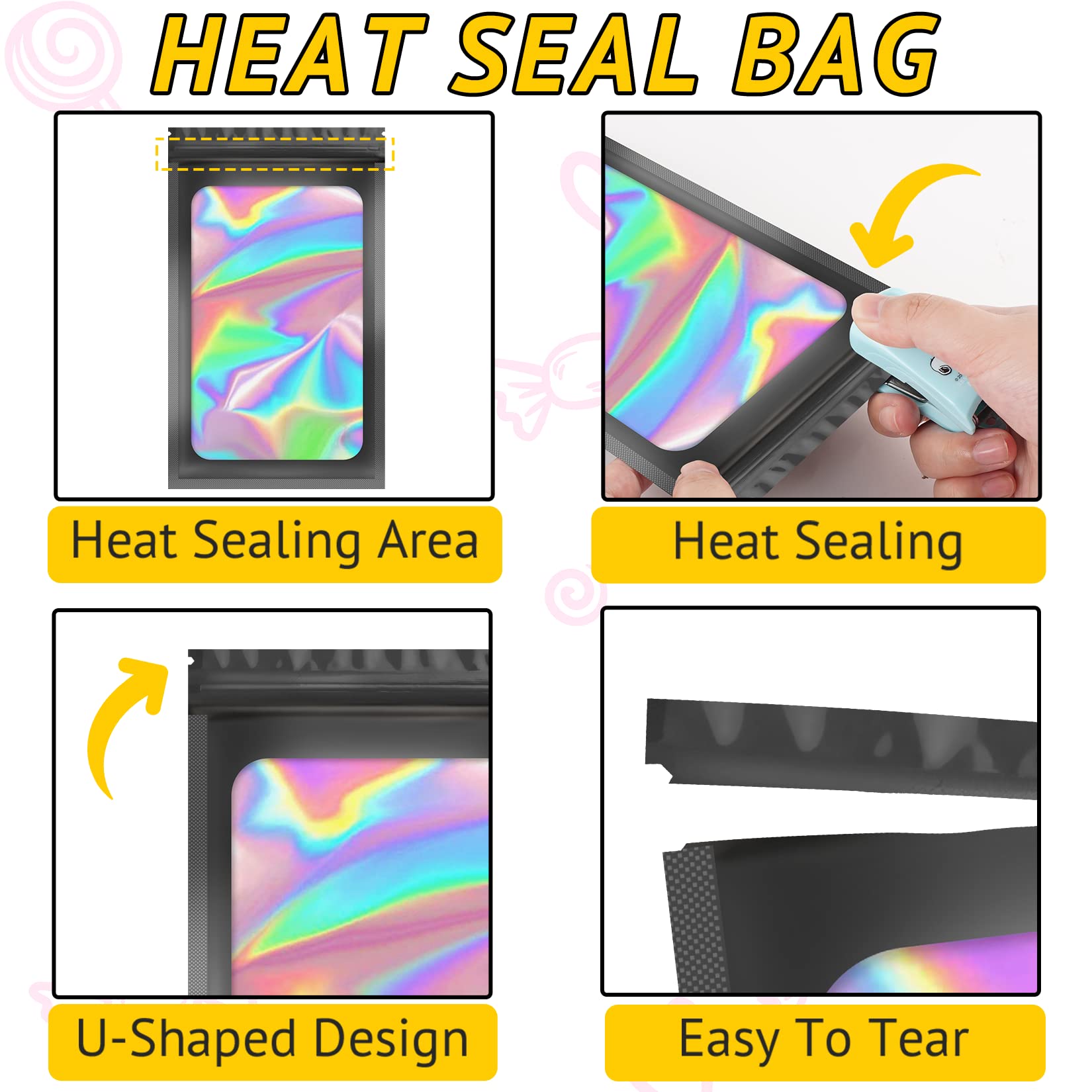 100 PCS Holographic Resealable Bags - Smell Proof Packaging for Lashes, Press On Nails, Jewelry, Candy & Small Items | Perfect for Small Business, Food Storage & Travel Organization