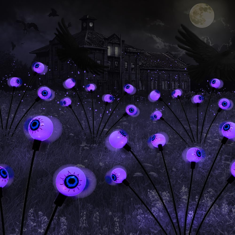 2 Pack Scary Eyeballs Solar Garden Lights - Halloween Outdoor Decor with 12 LED Purple Swaying Firefly, Waterproof Lawn & Patio Party Decorations - Perfect for Spooky Yard, Garden & Halloween Party Decor