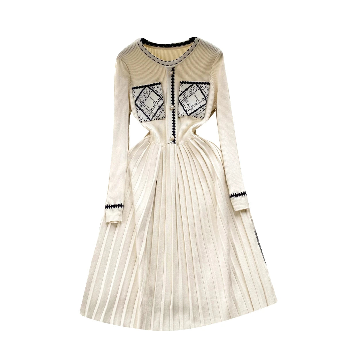 Beige Patchwork Knit Sweater Dress for Women - Long Sleeve Elegant Korean Style Slim Fit Casual Winter Dress with Black Pleated Details | Perfect for Autumn Outfits, Office Wear & Holiday Parties