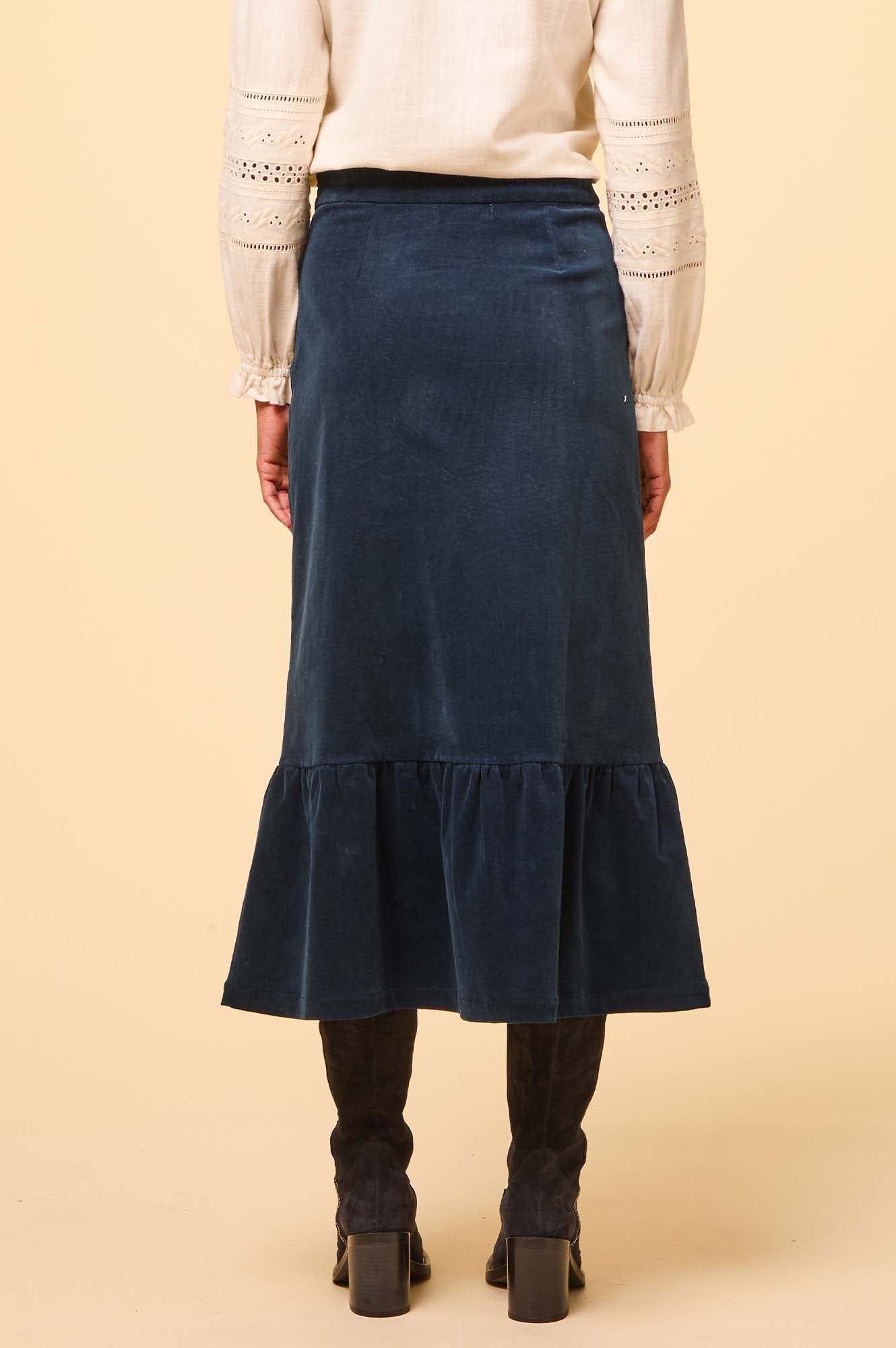 Lori Stretch Corduroy Skirt for Women - Comfortable High Waist Pencil Skirt in Ink Blue | Perfect for Office, Date Night & Fall Fashion