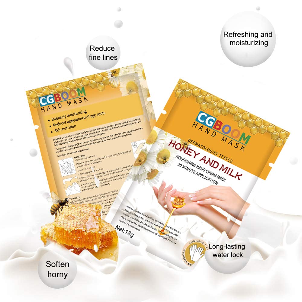 CGBOOM 3 Pairs Moisturizing Hand Masks with Collagen, Vitamins & Natural Extracts - Repair Dry, Aging, Cracked Hands (Honey & Milk) | Spa Treatment, Night Care, Hand Skin Renewal for Women & Men