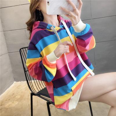 Harajuku Rainbow Stripe Hoodie for Women - Loose Pullover Sweatshirt | Pastel Pink Japanese Fashion | Cute & Sweet Girls Outfit | Perfect for Streetwear, Kawaii Style & Casual Wear