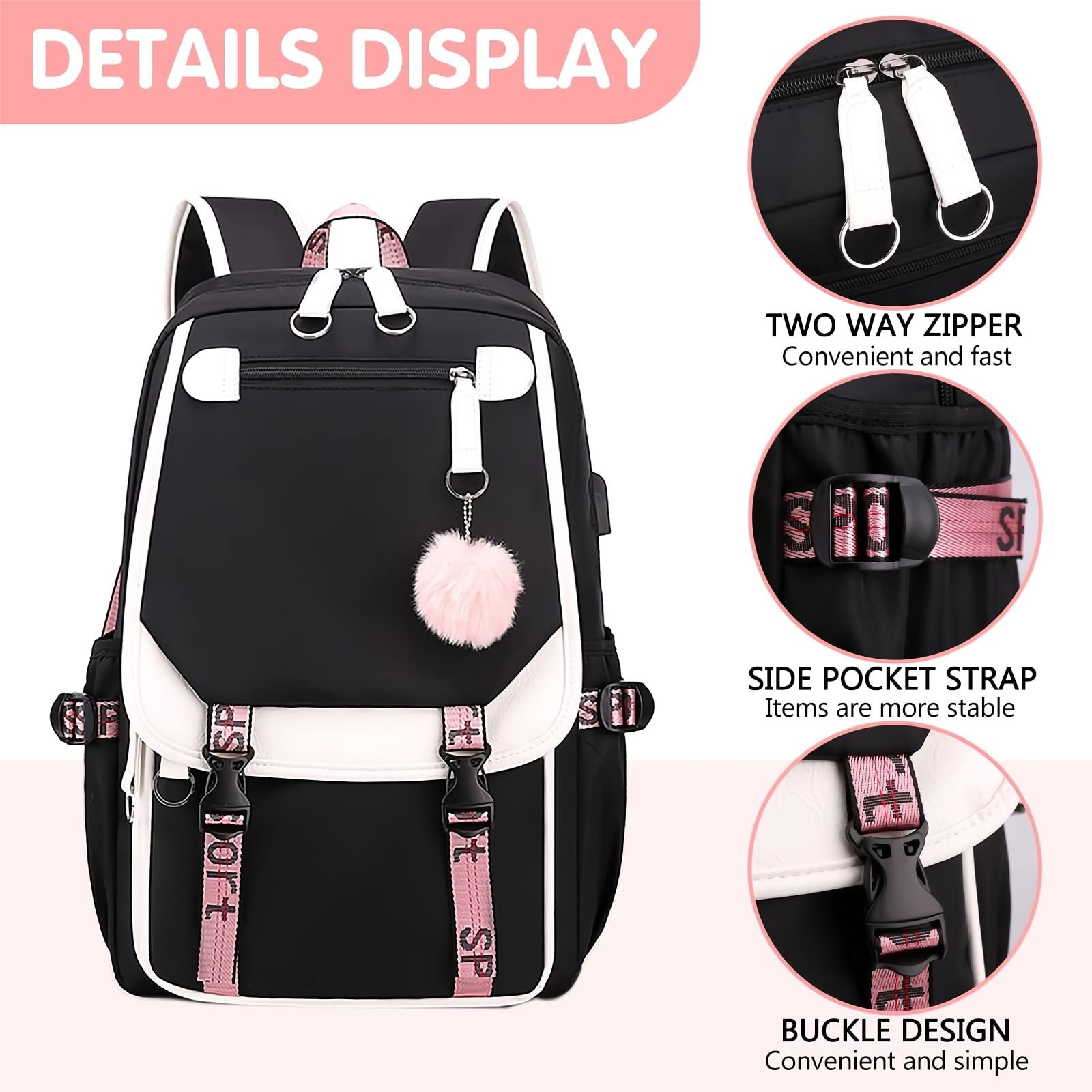 Stylish Stitched Backpack for Teens & School - USB Port Laptop Book Bag (Black) | Perfect for Daily Commute, College Classes & Travel