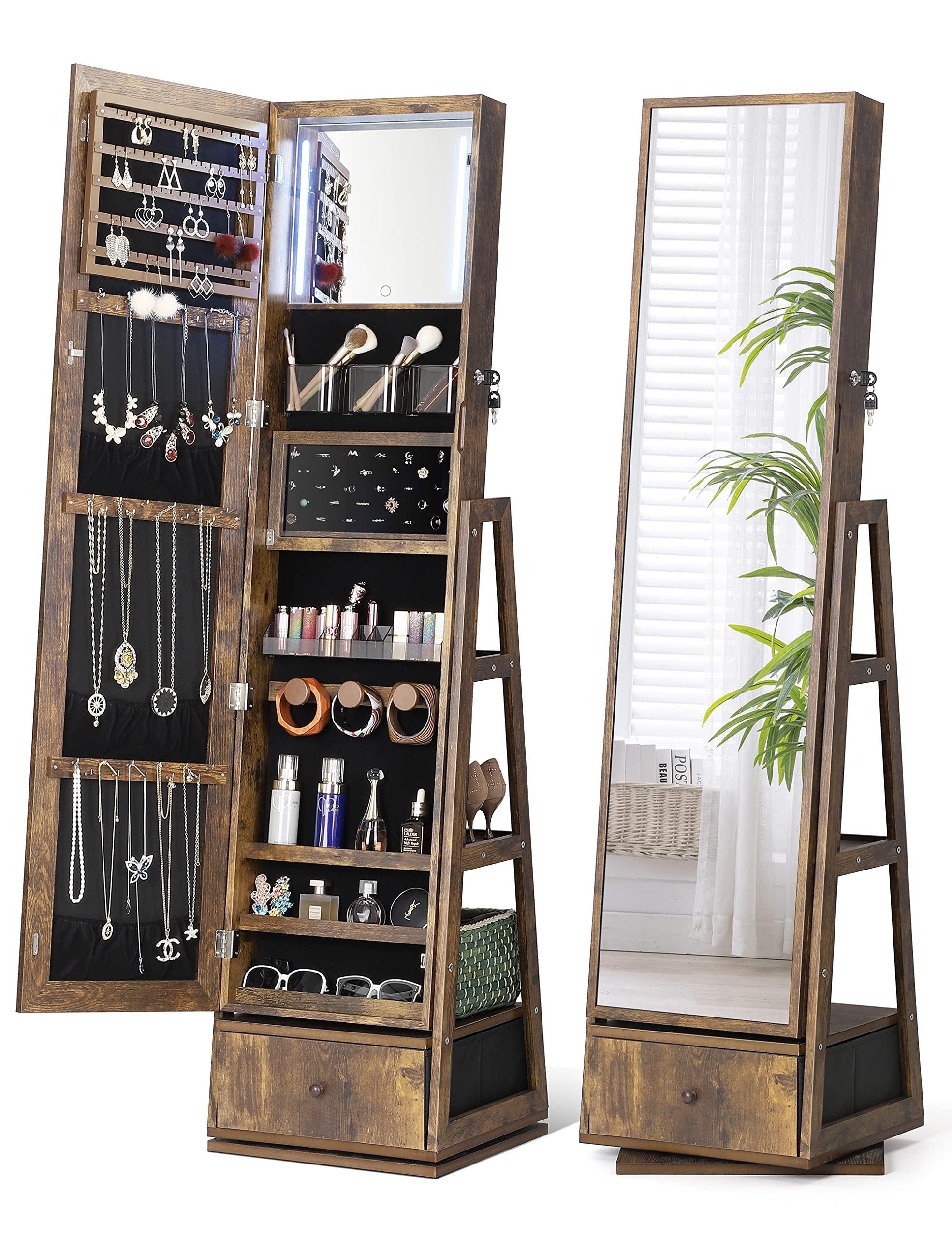 360° Swivel Jewelry Cabinet with LED Lights & Touch Screen Mirror - Rotating Full Length Mirror with Jewelry Storage Organizer - Standing Jewelry Armoire for Bedroom & Dressing Room - Perfect Christmas Gift (Rustic Brown)