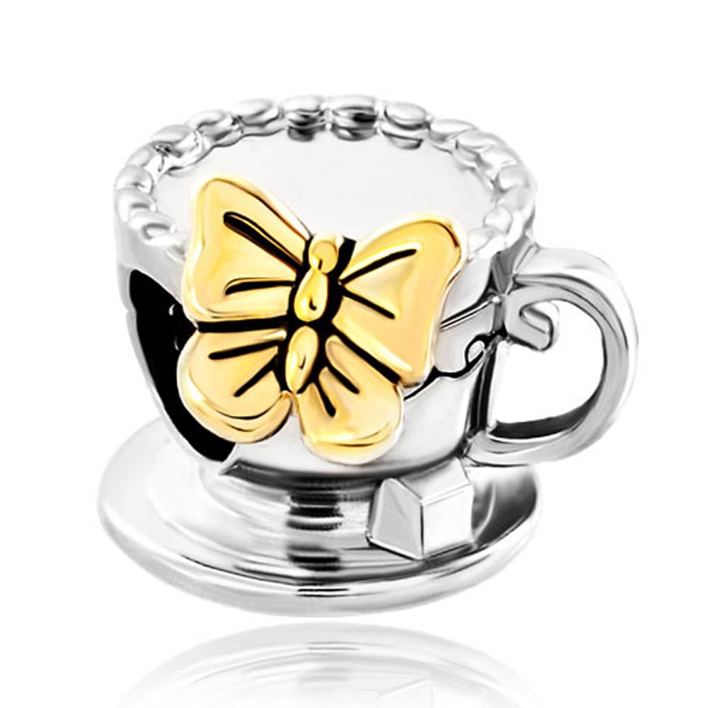 Silver Coffee Cup Charm with Golden Butterfly for Pandora Bracelet - Jewelry Making & Gifts