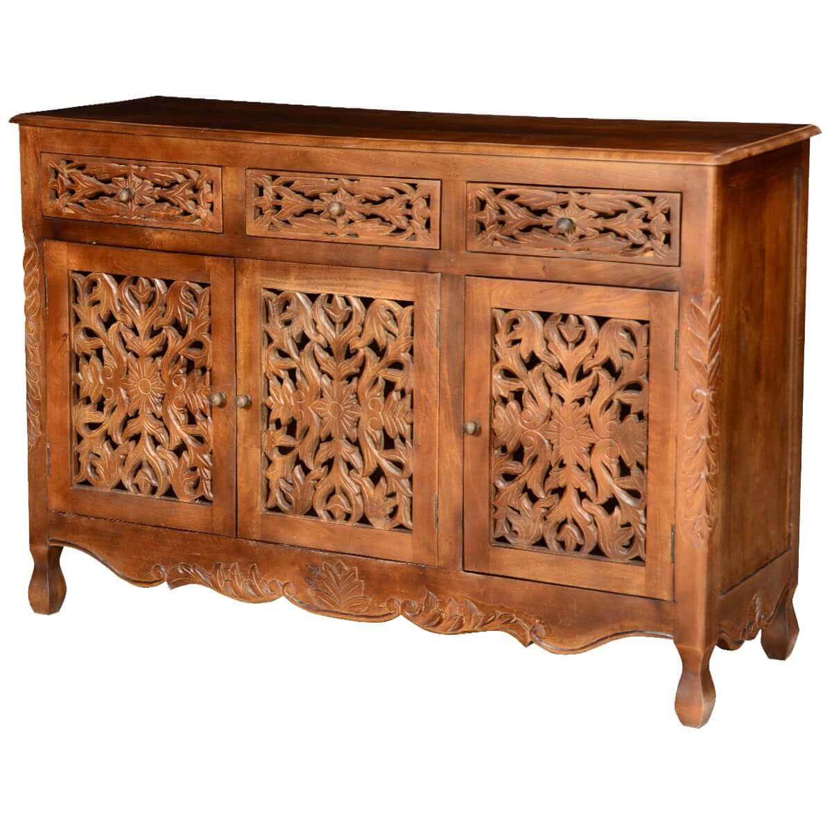 Hand Carved Buffet Table in Natural Finish | Solid Wood 3-Door Sideboard with Drawers for Dining Room Storage & Display