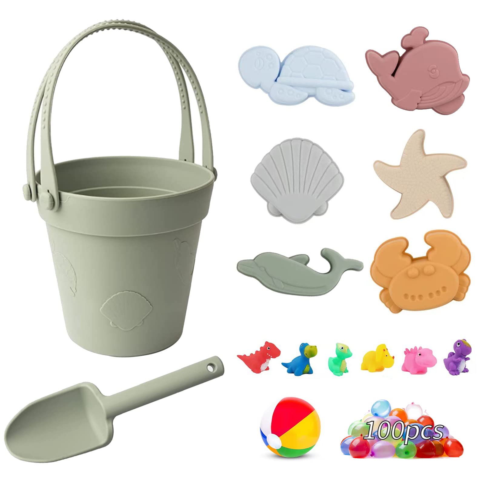 FIMAGO 115PCS Silicone Kids Beach Toys Set - Shovel, Bucket & Sandbox Toys for Toddlers & Baby | Safe Outdoor & Bath Water Play | Summer Pool, Sandbox & Beach Fun (Green)
