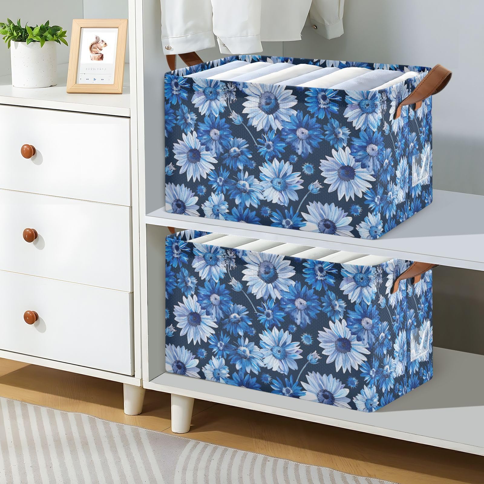 Handmade Daisy Flower Blue Storage Basket with Handles - Decorative Organizer Bin for Clothes, Jeans, Books | Perfect for Home, Office & Closet Organization | Ideal for Bedroom, Nursery & Laundry Room Storage