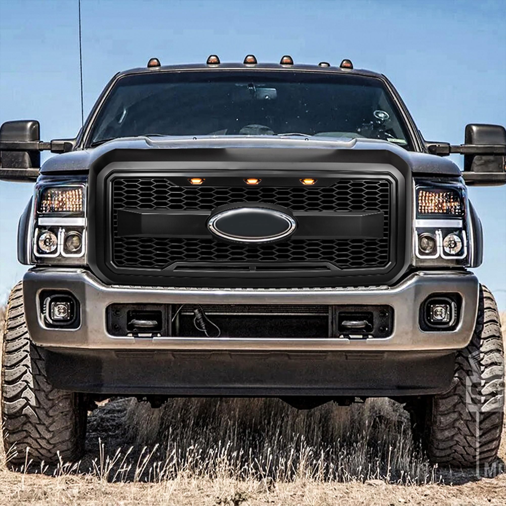 2011-2016 Ford F250 F350 F450 F550 Matte Black Raptor Style Grille with Amber LED Lights | Heavy Duty Truck Front Grille Replacement | Off-Road & Street Legal Upgrade