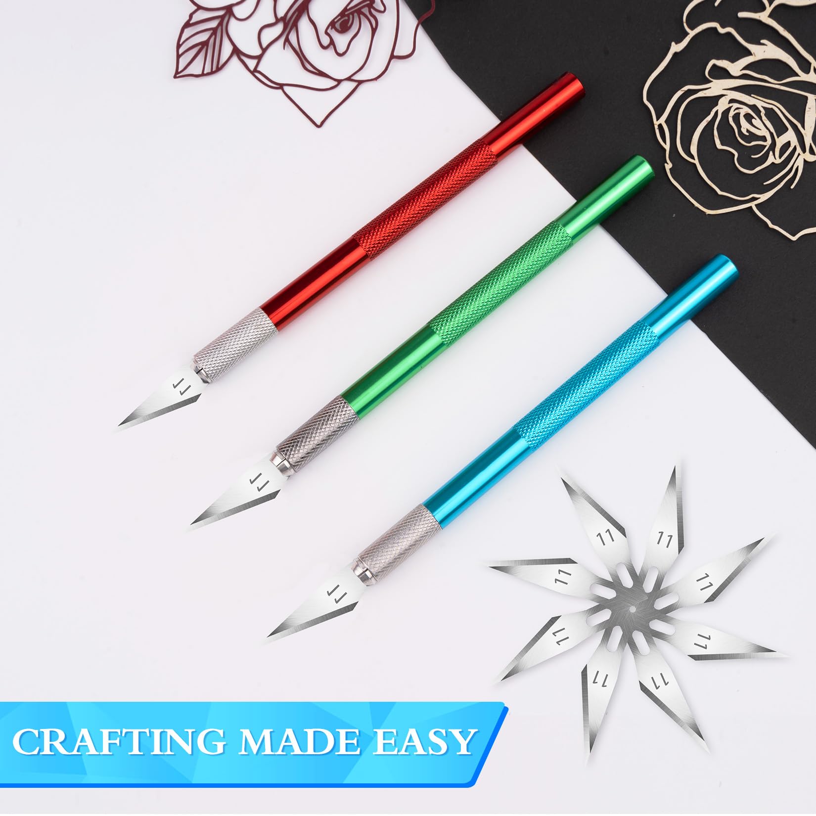 Precision Craft Knife Set - 3 Exacto Knives with 30 #11 Blades for Arts, Crafts, Modeling & Scrapbooking | Hobby Knife for Detailed Cutting, DIY Projects & Professional Use (Red, Green, Blue)