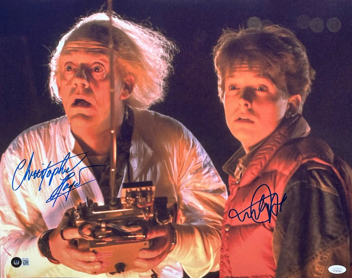 Authentic Michael J. Fox & Christopher Lloyd Signed 16x20 Back to the Future Movie Poster with Delorean Remote - JSA & BAS Certified - Perfect for Movie Memorabilia Collectors and Home Theater Decor