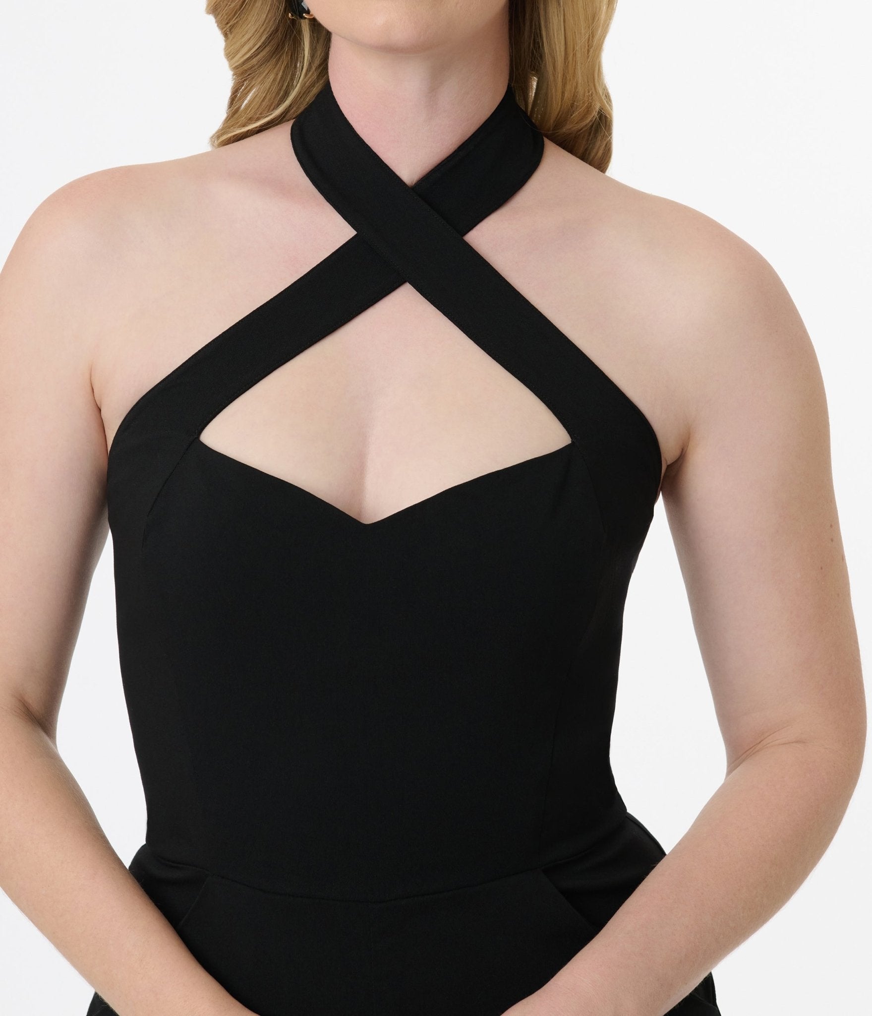 Vintage Black Criss Cross Halter Jumpsuit for Women - Retro Chic One Piece Romper - Perfect for Date Night, Summer Parties & Beach Vacations