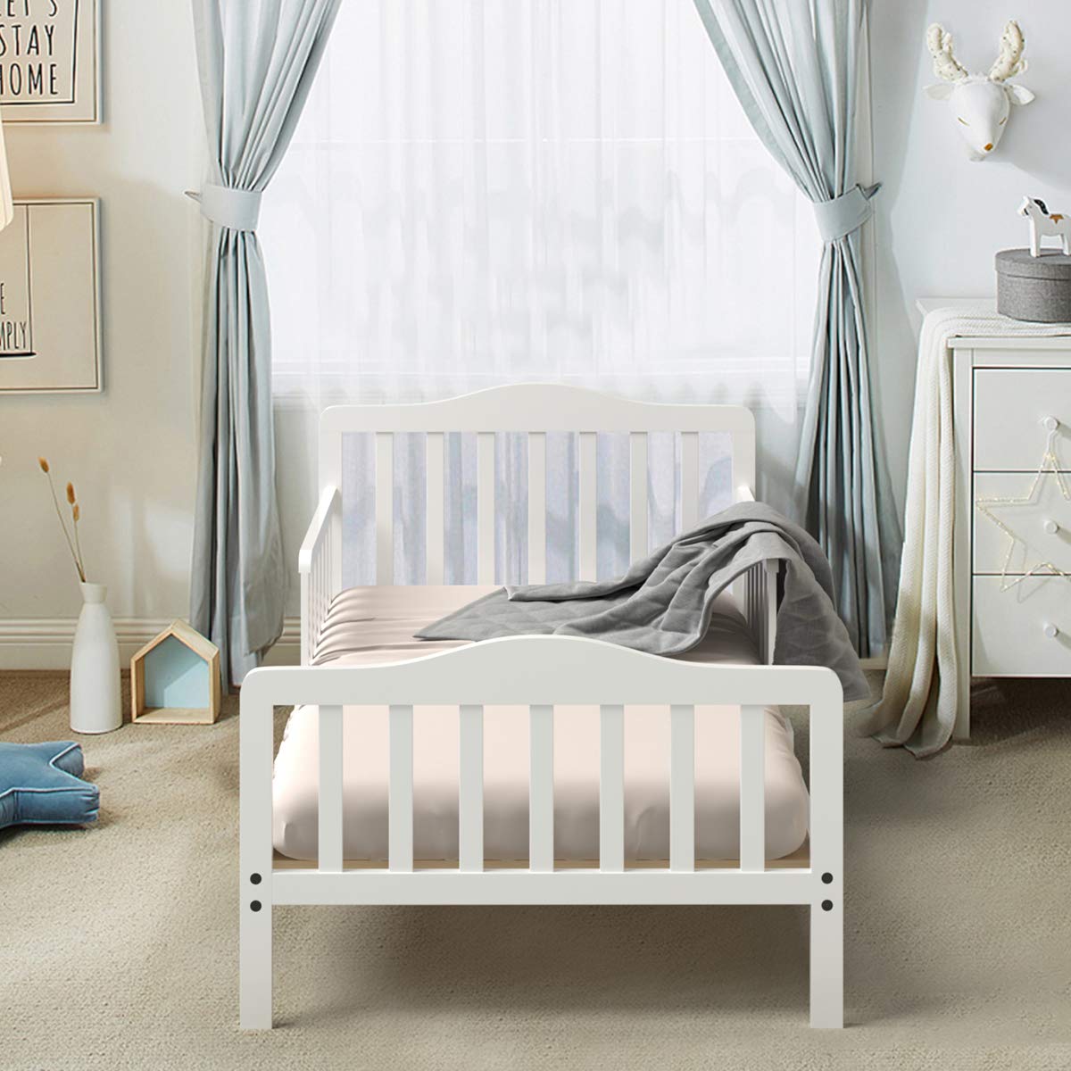 HONEY JOY Toddler Bed Frame - Solid Rubber Wood with Safety Guardrail, Fits Full Size Crib Mattress (Not Included) | Classic Kids Bedroom Furniture for Boys & Girls (White) - Perfect for Nursery, Daycare & Children's Bedrooms