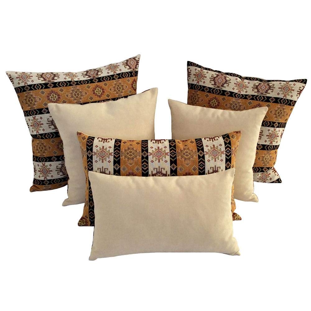 Mustard Yellow & Cream 16x16 Inch Kilim Pattern Throw Pillow Covers - Bohemian Decorative Pillow Cases for Couch, Sofa, Window Seat & Outdoor Use | Boho Chic Living Room & Patio Decor