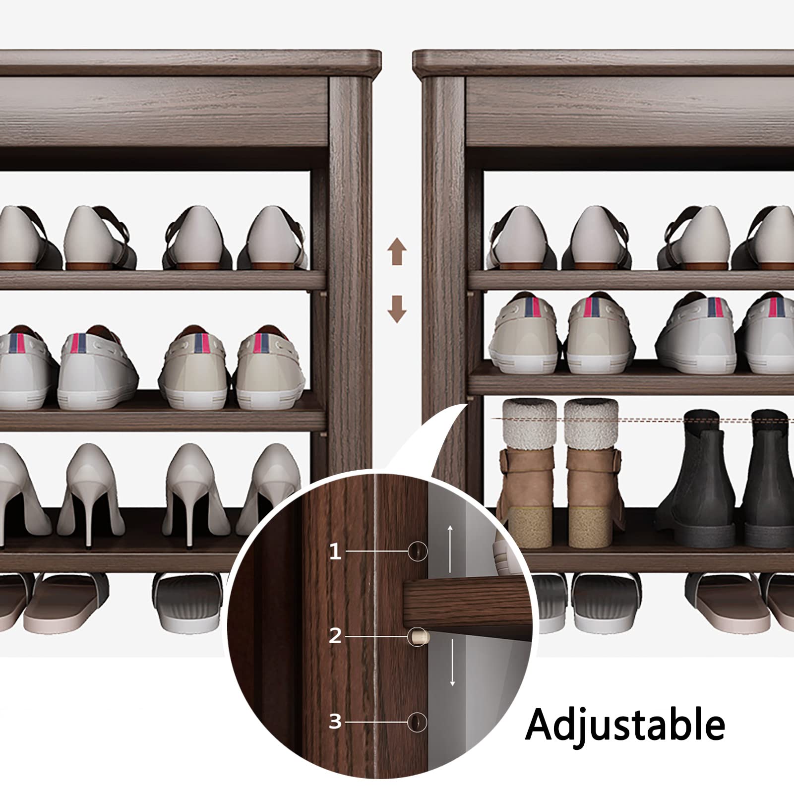 Solid Wood Entryway Shoe Bench with Storage Drawer - Upholstered Cotton Linen Cushion, 3-Tier Shoe Organizer (60x35x53.5cm, Dark Walnut) - Perfect for Hallway, Mudroom & Small Space Organization