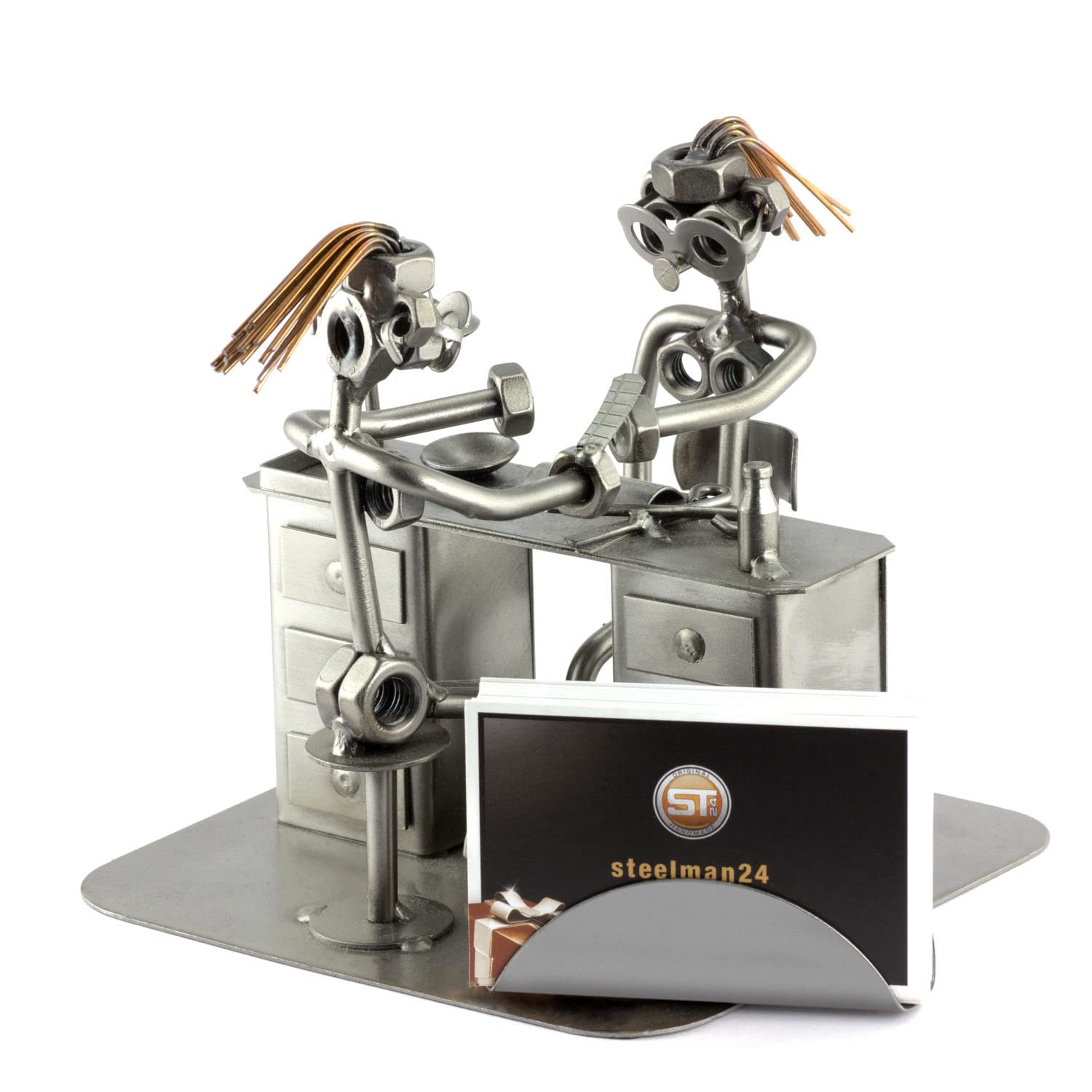 Handmade Metal Nuts and Bolts Manicurist Sculpture with Business Card Holder | Unique German-Made Figurine for Salon Decor, Office Desk & Gift Idea