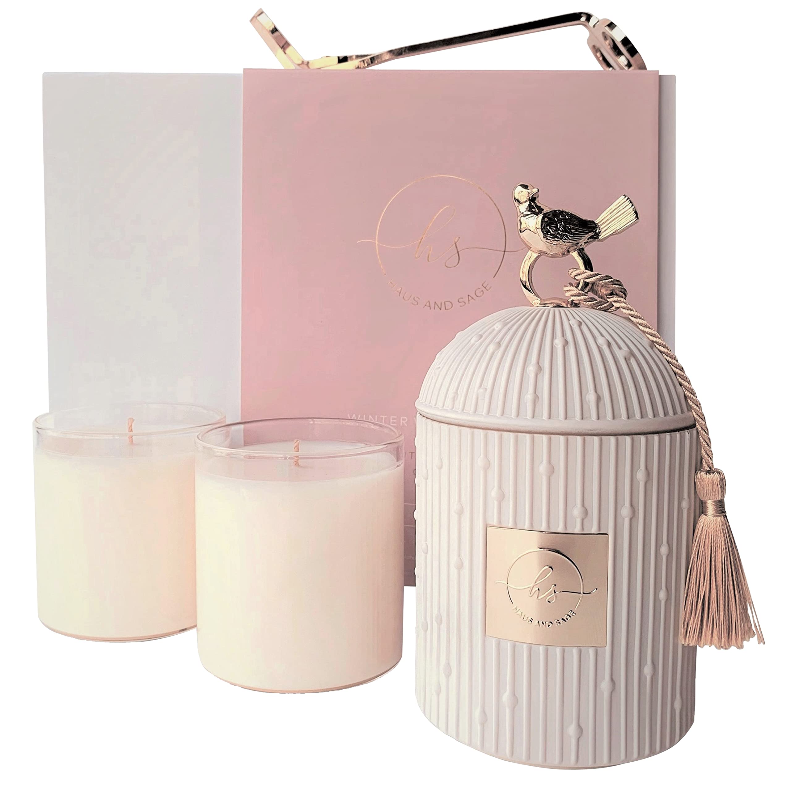 Luxury Scented Soy Candles Gift Set - 2 x 8.5oz Soy Wax Candles with Candle Holder & Wick Trimmer - 115 Hours Burn Time - Birthday Gifts for Women, Home Decor, Romantic Dinner Centerpiece - 4 Piece Set