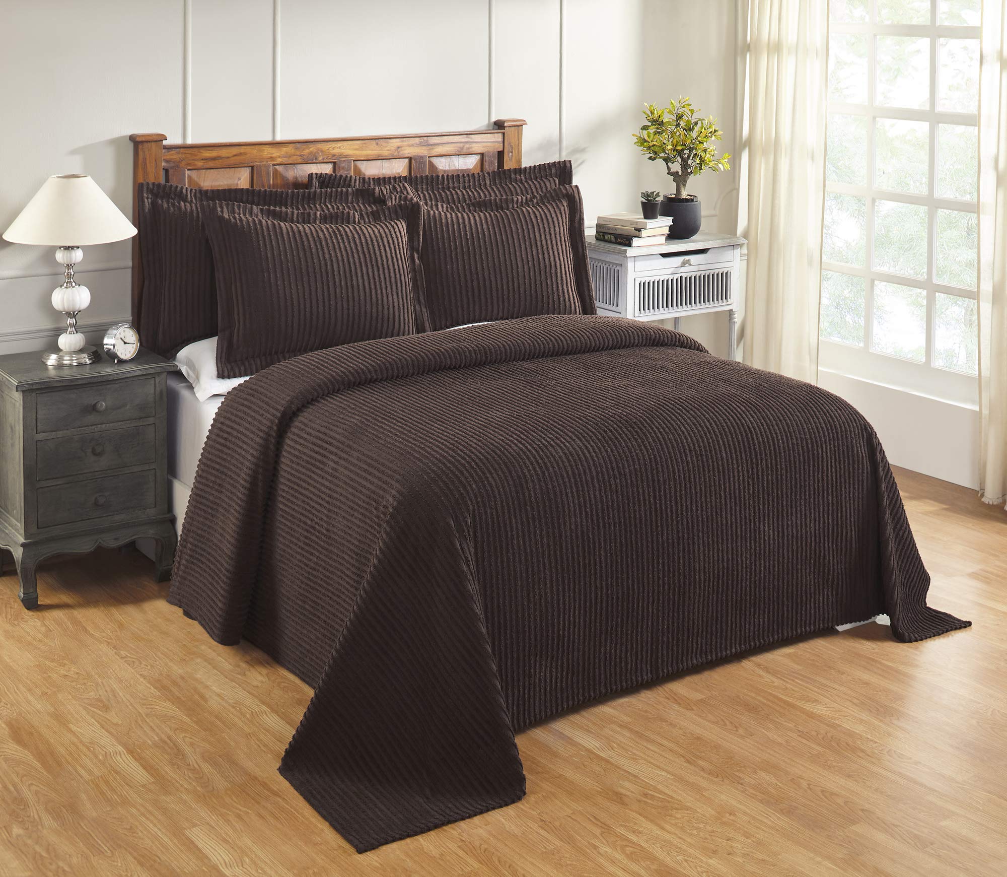 Better Trends Chocolate King Bedspread Set - 100% Cotton Tufted Classic Stripe Coverlet | Ultra Soft & Cozy 3-Piece Bedding Set for All Seasons | Machine Washable | Jullian Collection | Perfect for Master Bedrooms, Guest Rooms & Cozy Home Decor