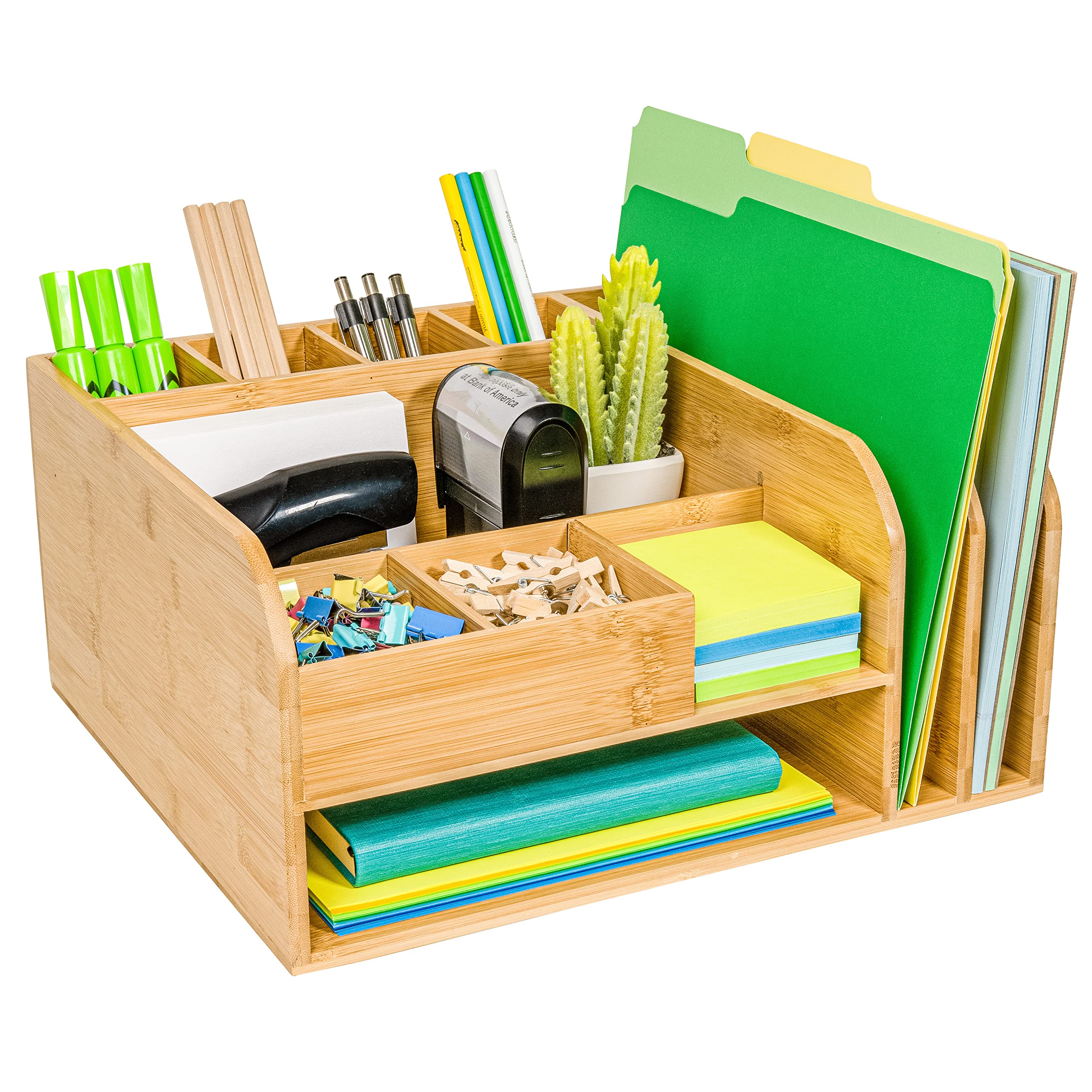 Bamboo Desk Organizer with Upright File Holders - Fully Assembled Office & Home Storage Solution for Pens, Papers & Supplies | Perfect for Workspace, Study & Classroom Organization