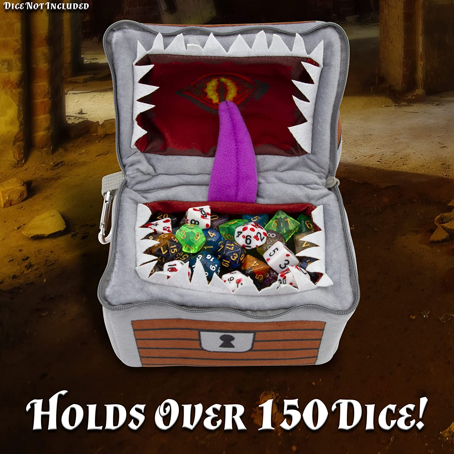 CASEMATIX Mimic Dice Chest & Dice Jail - 6.5 Inch Plush RPG Dice Storage Bag with Zipper & Carabiner - Holds 150 Dice (7 RPG Dice Included) - Perfect for D&D, Pathfinder & Tabletop Gaming Adventures