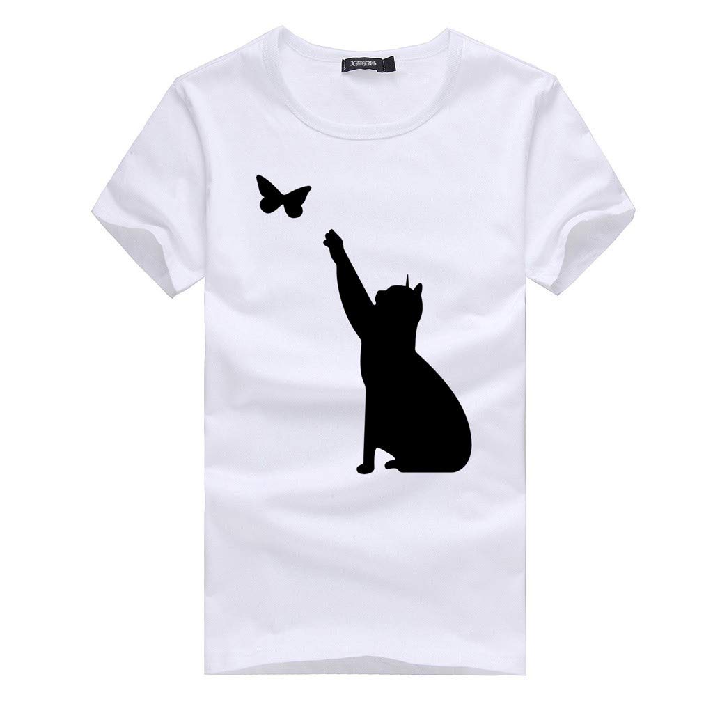 Stylish Women's Cat Print Plus Size Short Sleeve T-Shirt - Soft Cotton Casual Blouse for Everyday Wear (White, Large) | Perfect for Casual Outings, Weekend Errands & Cat Lovers Fashion