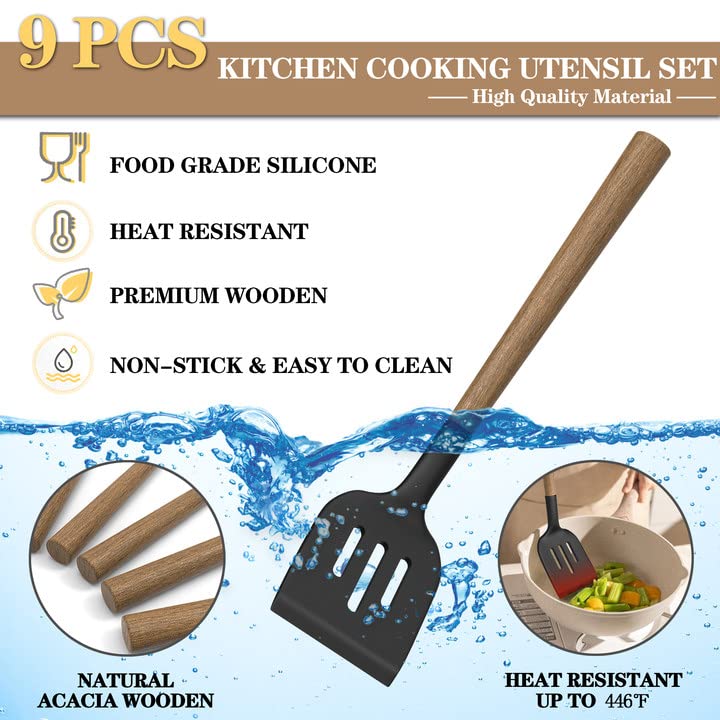Premium 9-Piece Silicone Kitchen Utensil Set with Wooden Handle - Heat Resistant up to 446°F - Nonstick Cookware Safe Spatula Set with Storage Holder (Black) - Perfect for Baking, Cooking, and Serving
