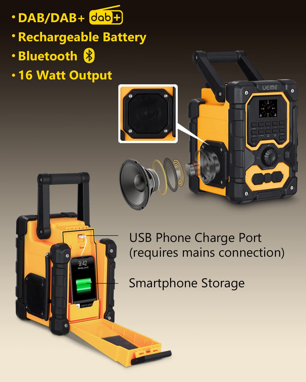 UEME 16W Jobsite DAB/DAB+ FM Radio - Rugged Construction Bluetooth Radio with Rechargeable Battery, AUX Input & USB Charging | Perfect for Builders, Contractors & Outdoor Work Sites | Includes Mains Adaptor