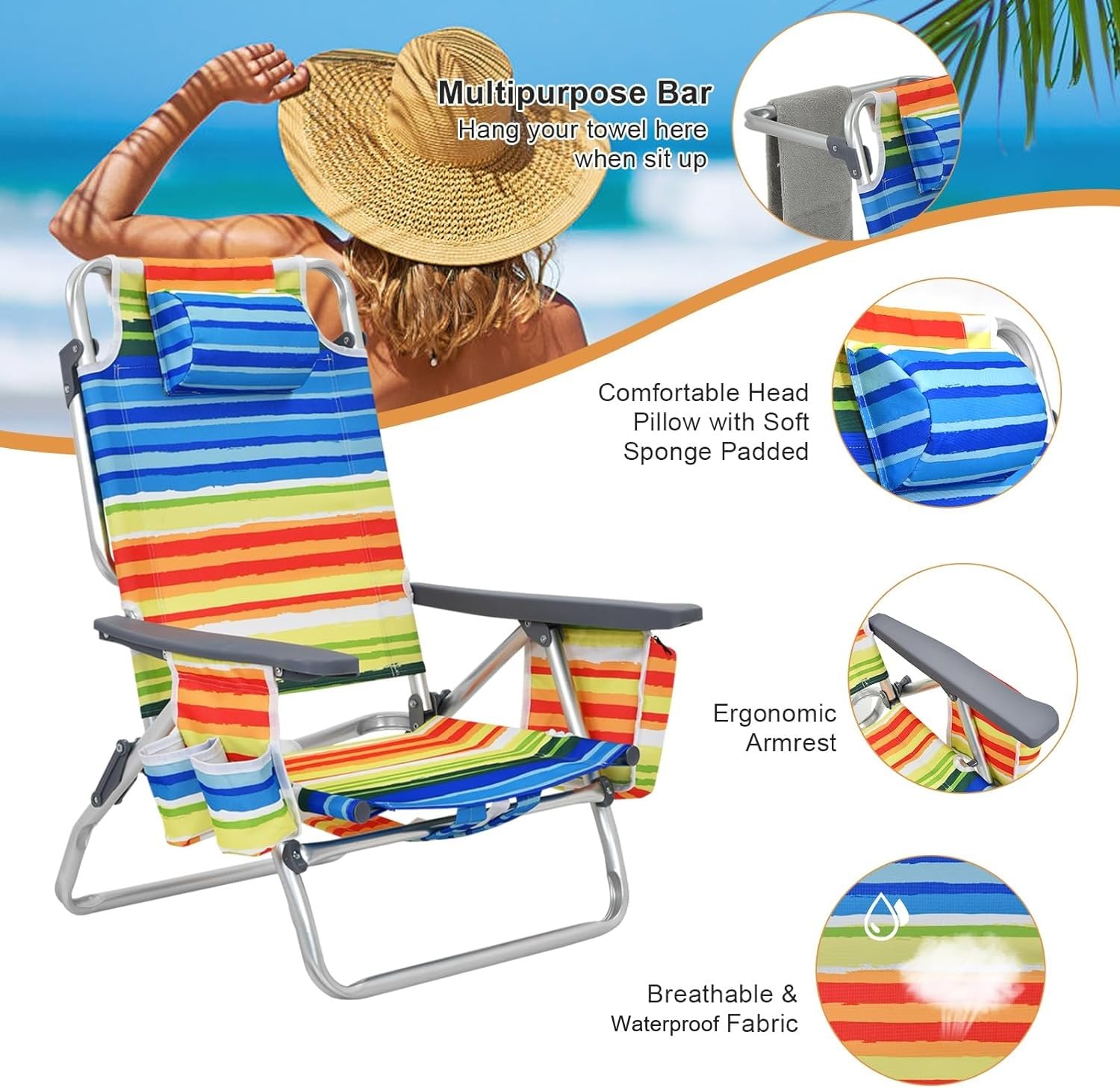 GYMAX 4-Pack Beach Chairs with Cooler Bag & Cup Holder - Portable Backpack Folding Camping Chairs with Armrests, Towel Bar & Storage Pockets - Lightweight Sunbathing Lounge Chairs for Beach, Pool, Picnic, Backyard & Outdoor Activities (Yellow Stripe)