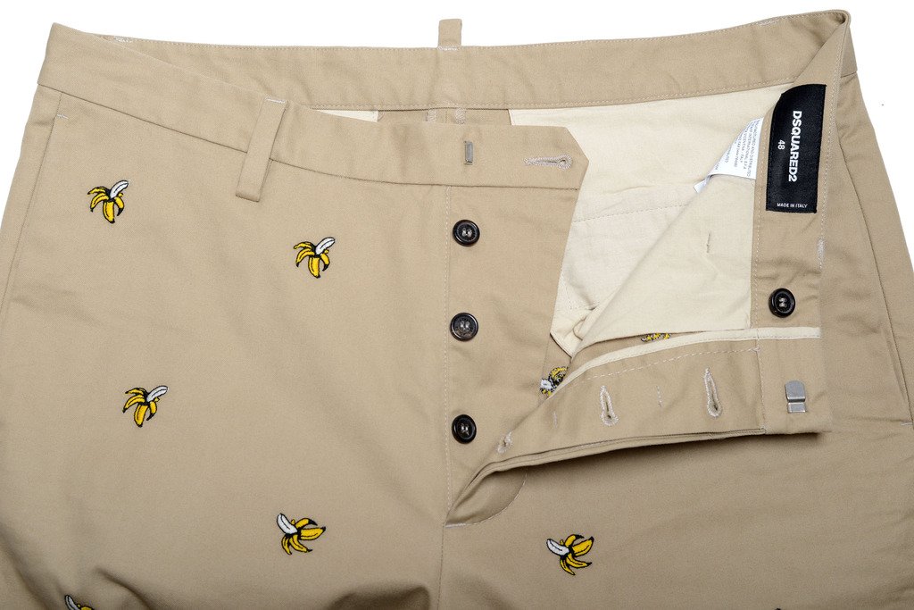 DSQUARED2 Men's Beige Banana Print Cropped Casual Pants - Slim Fit US 32 IT 48 | Summer Streetwear Fashion for Beach Parties & Casual Outings
