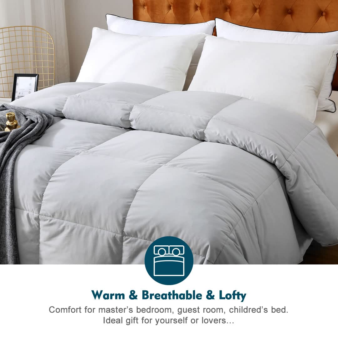 Premium 100% Organic Cotton King Size Down Comforter - Medium Warmth All-Season Gray Feather Duvet Insert with Corner Tabs (106