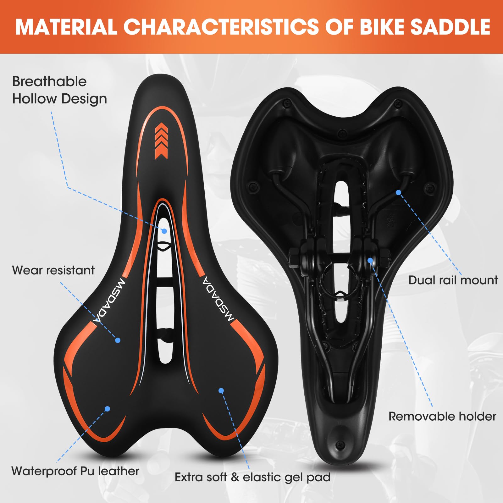 MSDADA Gel Bike Seat - Ultra Comfortable Mountain Bike Saddle with Soft Cushion for Men & Women - Waterproof Bicycle Seat for Road, City & Exercise Bikes - Perfect for Long Rides, Commuting & Indoor Cycling Workouts