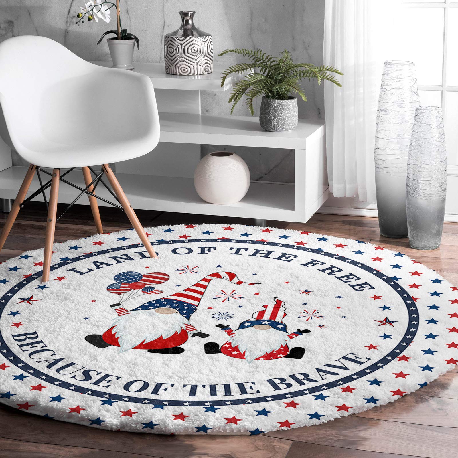 36in Soft Fluffy Round Area Rug - 4th of July American Flag Gnomes Design, Washable Non-Slip Shaggy Carpet for Bedroom, Living Room & Nursery - Perfect for Independence Day Decor, Kids Room & Cozy Home Flooring