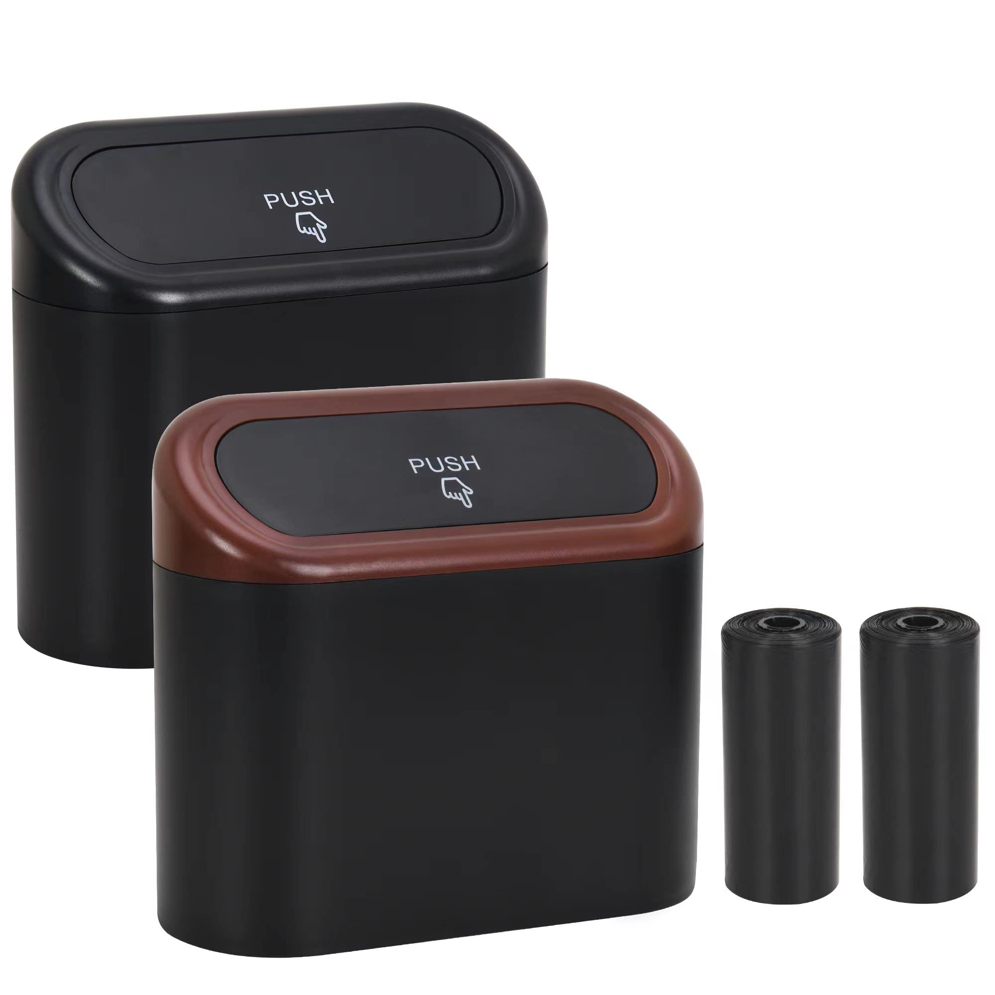 2 Pack Portable Hanging Mini Car Trash Can with Lid - Includes 2 Rolls Trash Bags | Waterproof Odorless Auto Garbage Bin for Car, Office & Home Use | Perfect for Road Trips, Commuting & Workspace Organization (Black/Red)