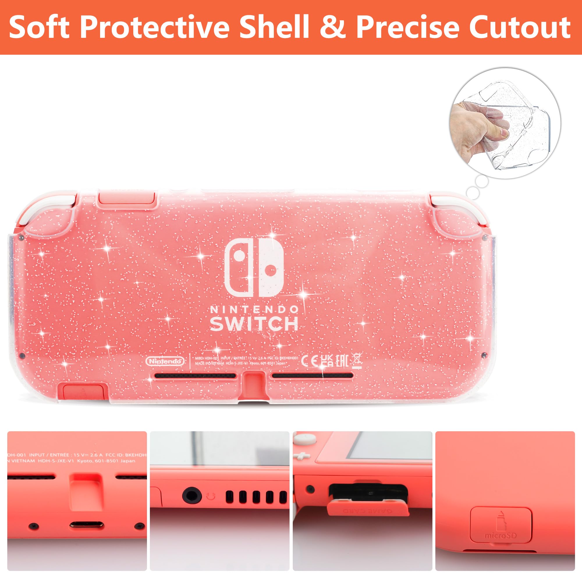 Pink Nintendo Switch Lite Carrying Case with 8 Game Card Slots - 4-in-1 Accessories Kit Includes Clear Glitter TPU Shell, Screen Protector & 2 Thumb Grips - Portable Travel Case for Gaming On-The-Go, Commuting & Vacations