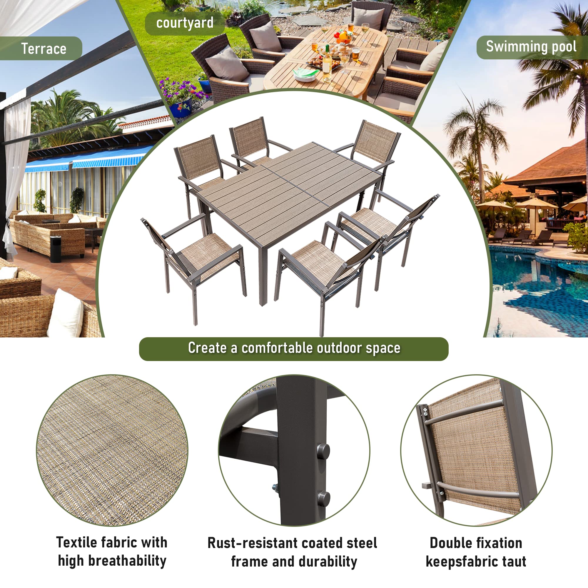 Rankok 7-Piece Patio Dining Set - Outdoor Furniture with Weather-Resistant Table & 6 Stackable Textilene Chairs for Garden, Yard, Poolside (Brown) | Perfect for Backyard BBQs, Outdoor Entertaining & Relaxing by the Pool