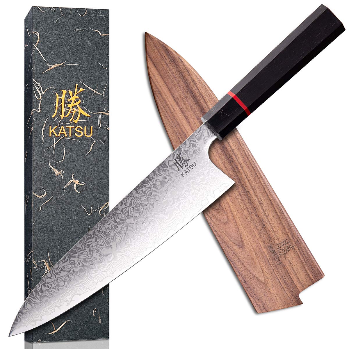 Premium KATSU Damascus Steel Japanese Chef Knife - 8 Inch Handcrafted Kitchen Knife with Octagonal Wood Handle - Wood Sheath & Gift Box Included - Perfect for Sushi, Meat Cutting & Professional Cooking