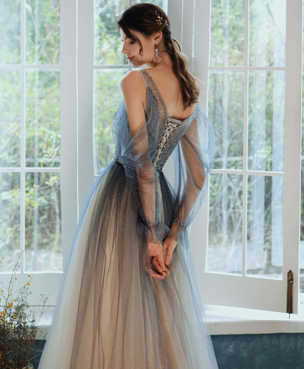 Elegant Blue Tulle Sequin Long Prom Dress - Formal Evening Gown for Homecoming, Ball & Special Occasions