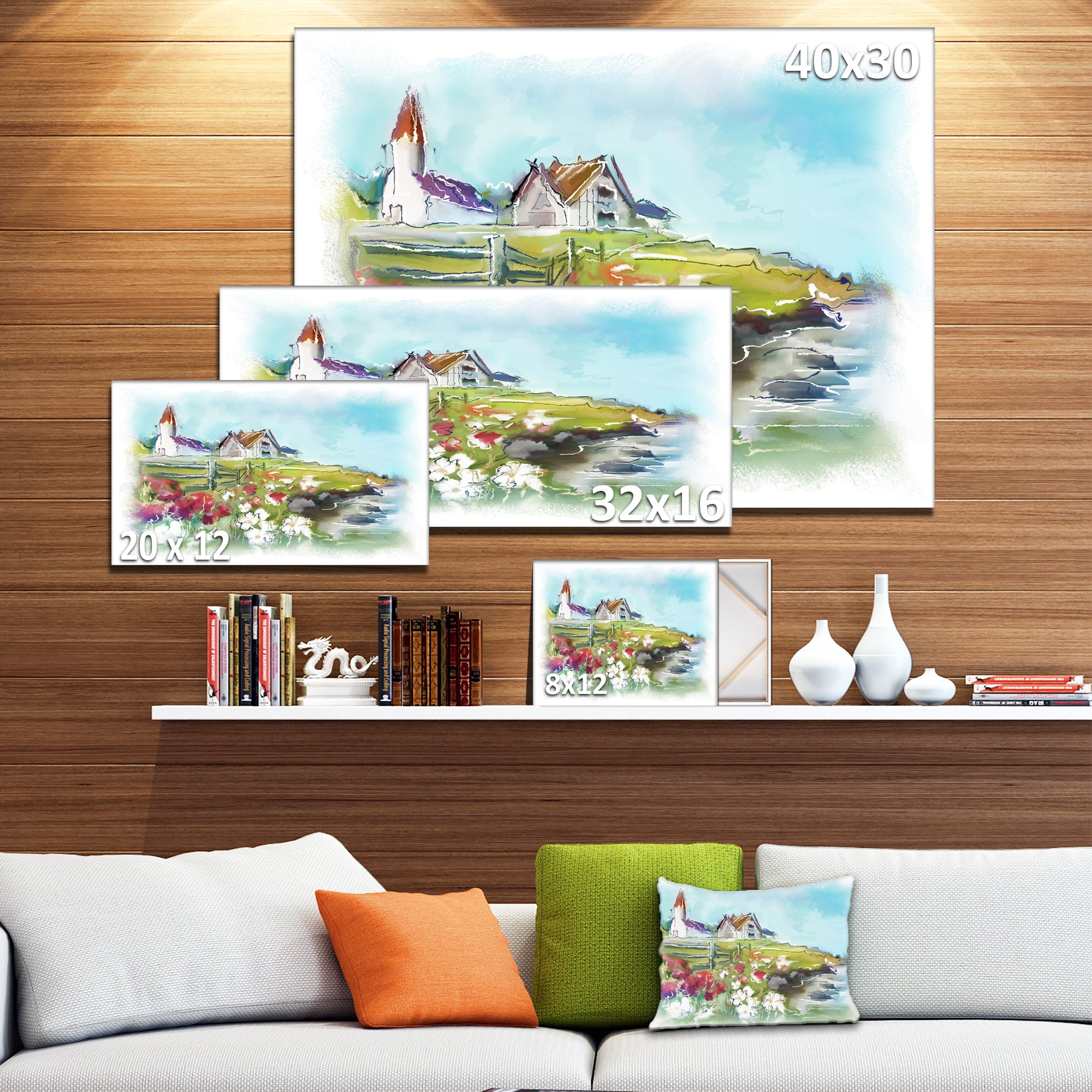Green Meadow Landscape Painting - Buildings in Nature Canvas Print Wall Art for Living Room, Bedroom & Office Decor